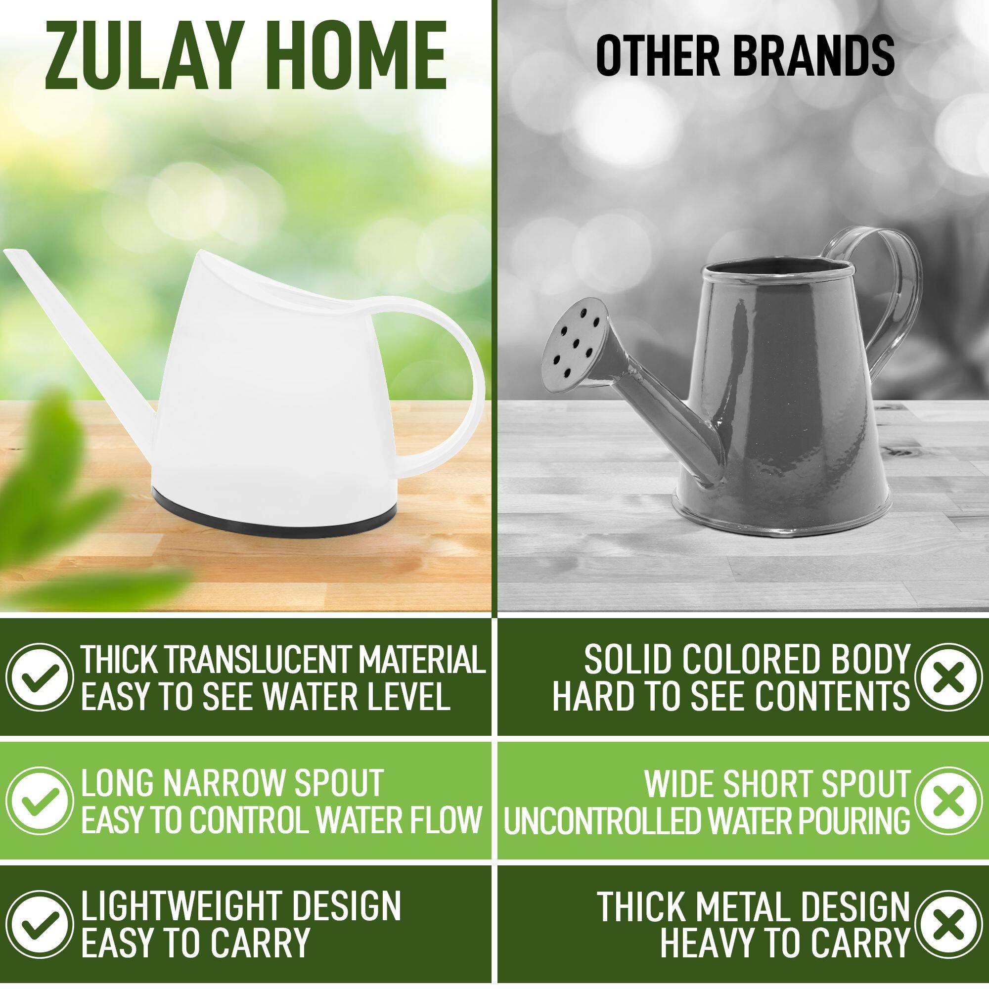 ZULAY HOME

- THICK TRANSLUCENT MATERIAL
  - EASY TO SEE WATER LEVEL

- LONG NARROW SPOUT
  - EASY TO CONTROL WATER FLOW

- LIGHTWEIGHT DESIGN
  - EASY TO CARRY

OTHER BRANDS

- SOLID COLORED BODY
  - HARD TO SEE CONTENTS

- WIDE SHORT SPOUT
  - UNCONTROLLED WATER POURING

- THICK METAL DESIGN
  - HEAVY TO CARRY