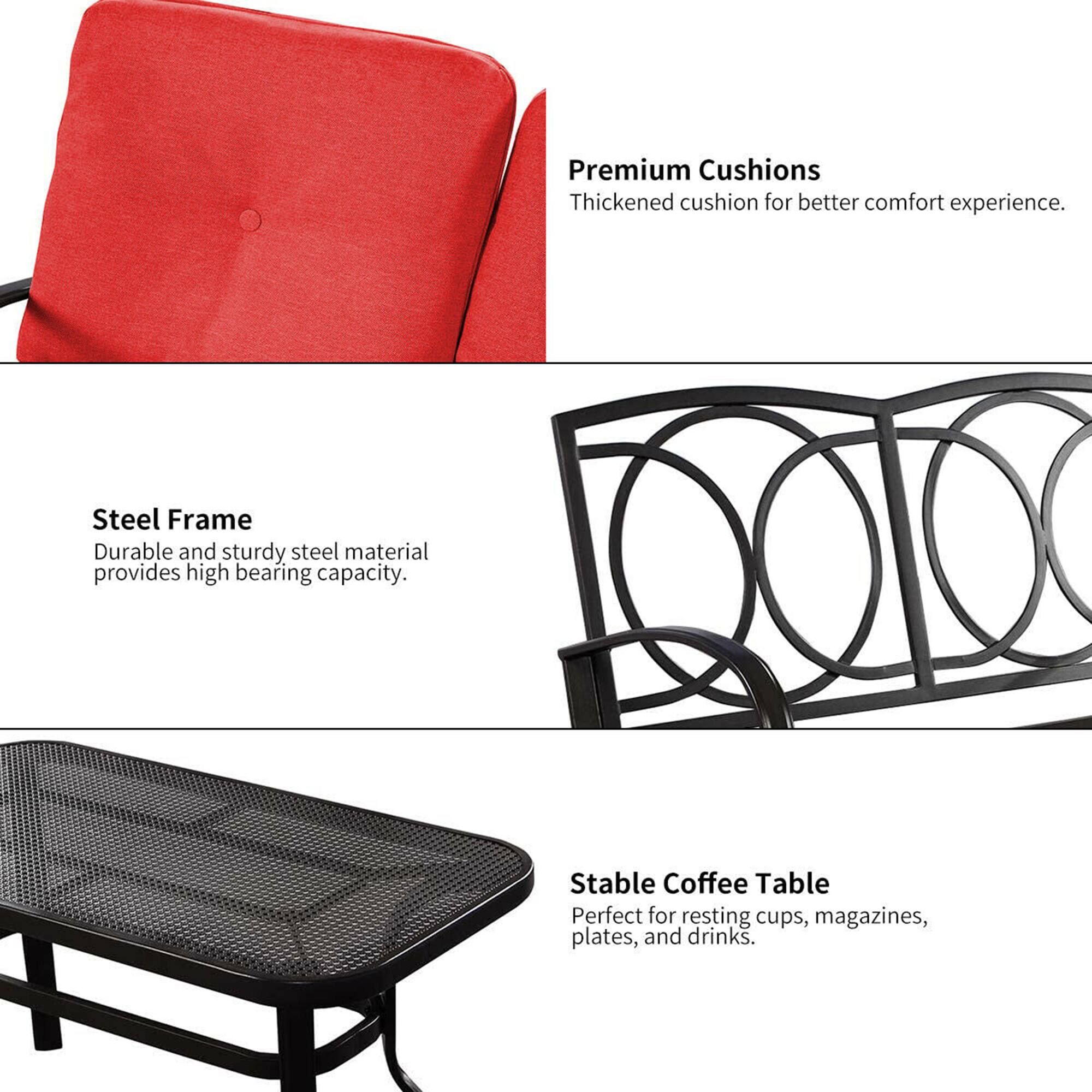 Premium Cushions: Thickened cushion for better comfort experience.
Steel Frame: Durable and sturdy steel material provides high bearing capacity.
Stable Coffee Table: Perfect for resting cups, magazines, plates, and drinks.