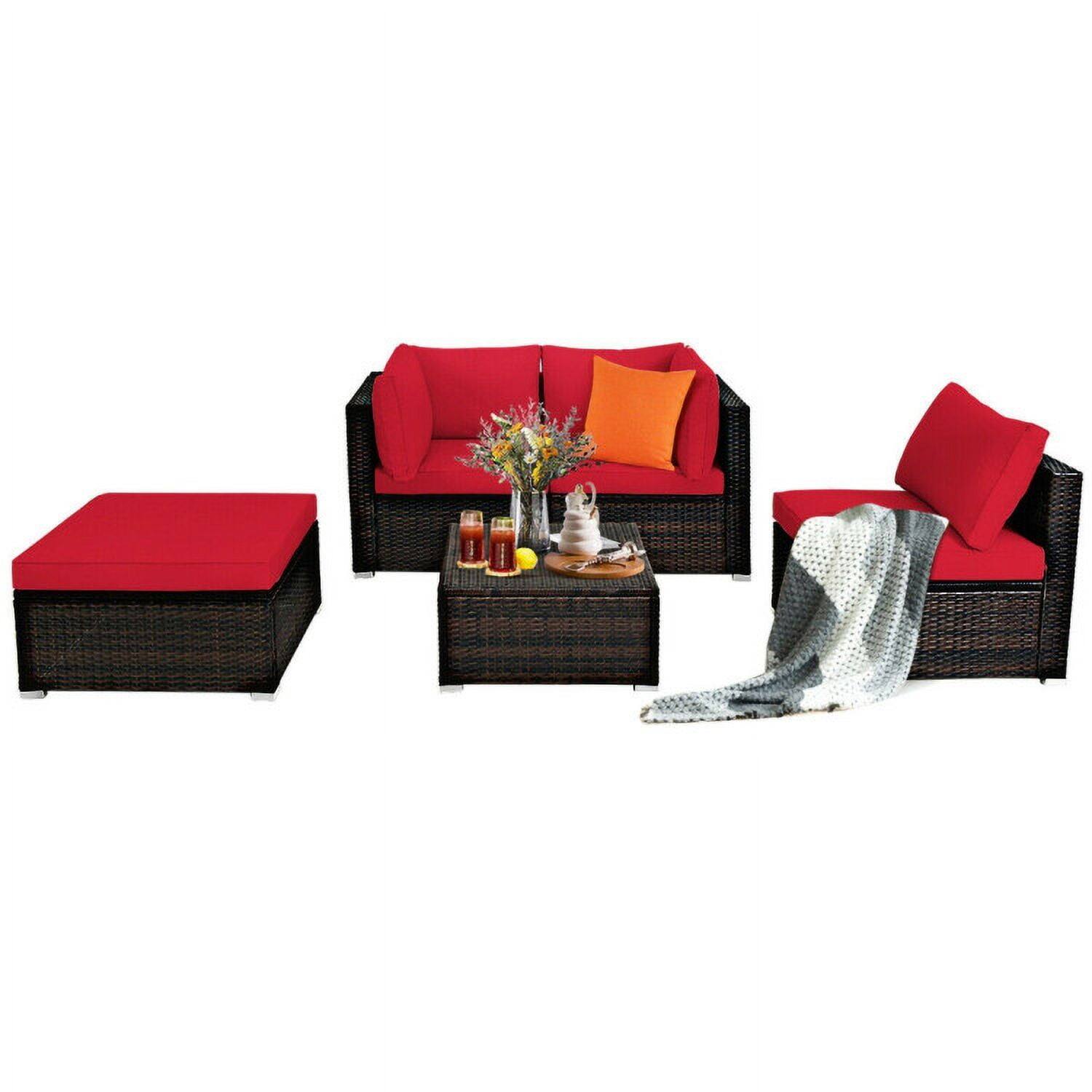 Left. Kadyn - 5 Pcs Patio Rattan Sofa Set with Cushion and Ottoman-Red, Patio Seating Conversation - Red.