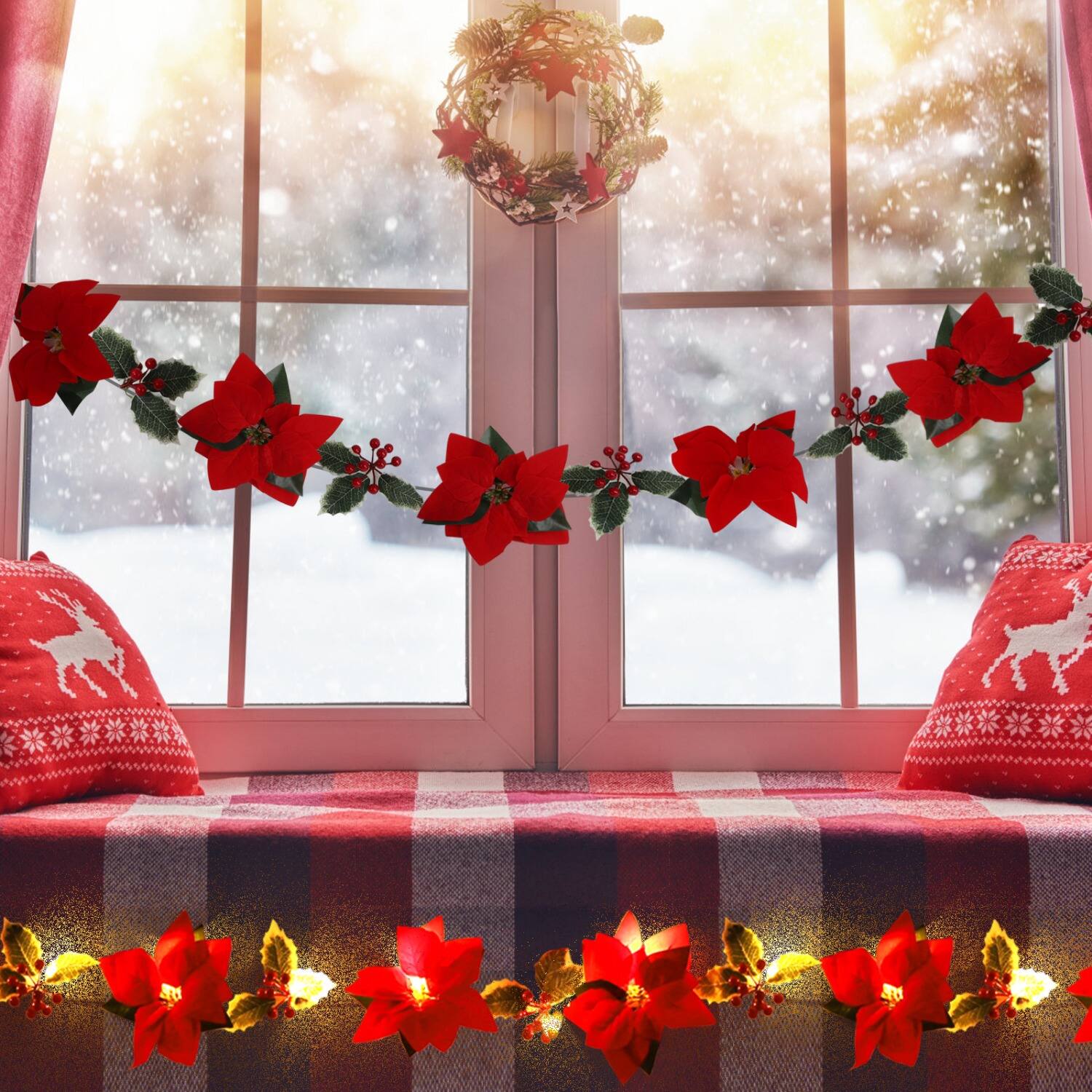 Left. Oumilen - Christmas Poinsettia Flower String Lights – Battery Red Artificial Garland Lights for Xmas Fireplace Mantel Decor.