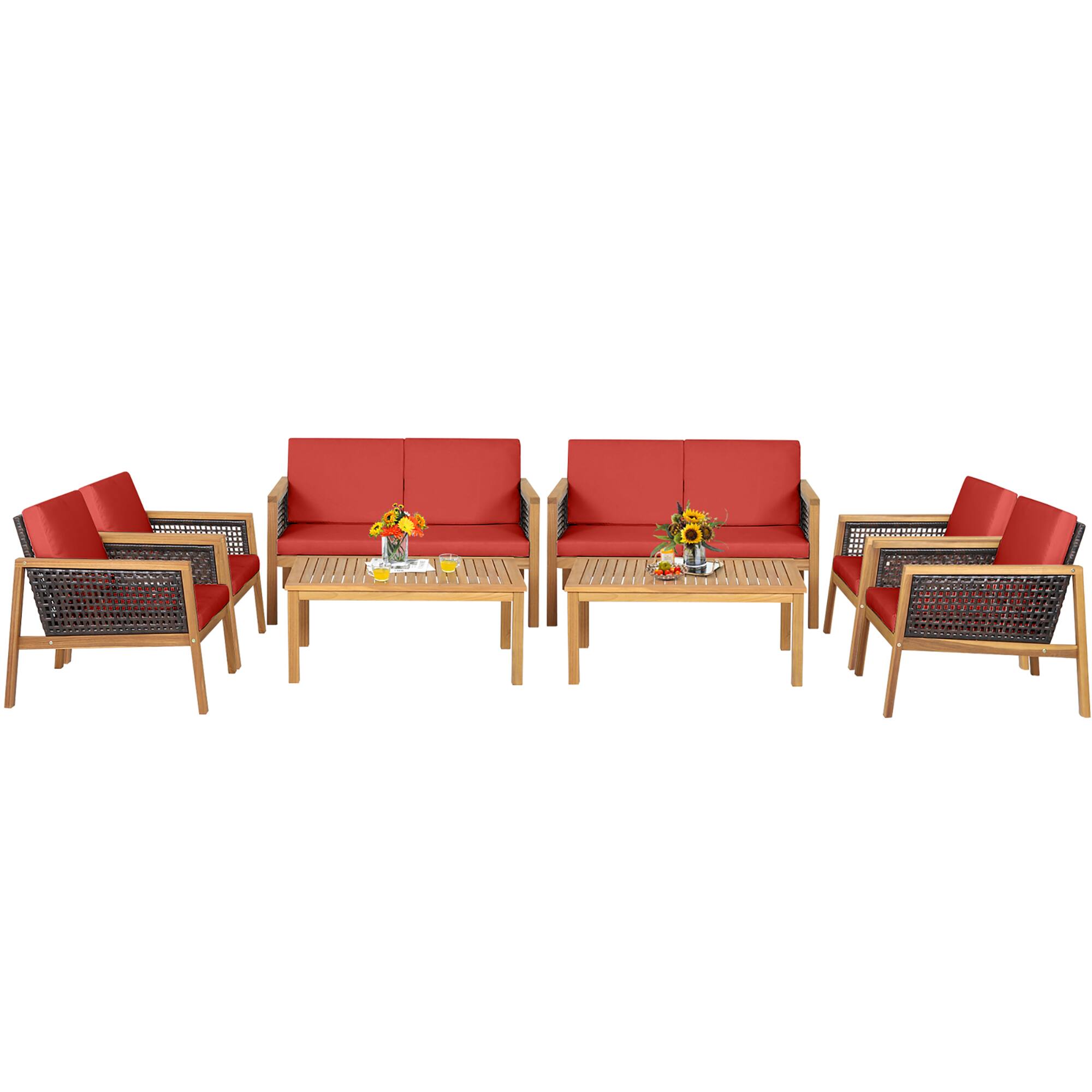 Alt View 1. Gymax - Gymax 8PCS Patio Acacia Wood Furniture Set PE Rattan Conversation Set w/ Red Cushions - Red.