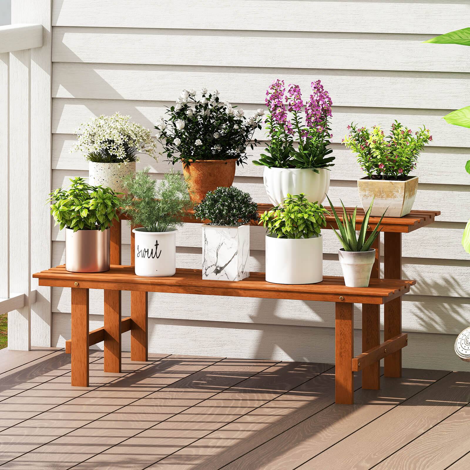 Alt View 3. Costway - Costway 2 Tier Wood Plant Stand with Teak Oil Finish Indoor & Outdoor Flower Pot Holder - Brown.