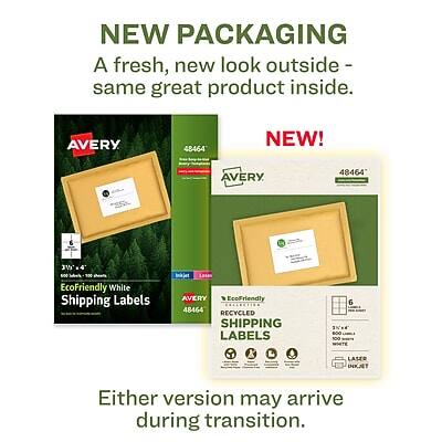 NEW PACKAGING  
A fresh, new look outside - same great product inside.

NEW!  
AVERY 48464  
3V 100 EcoFriendly White Shipping Labels  
AVERY EcoFriendly 48464 RECYCLED SHIPPING LABELS

Either version may arrive during transition.