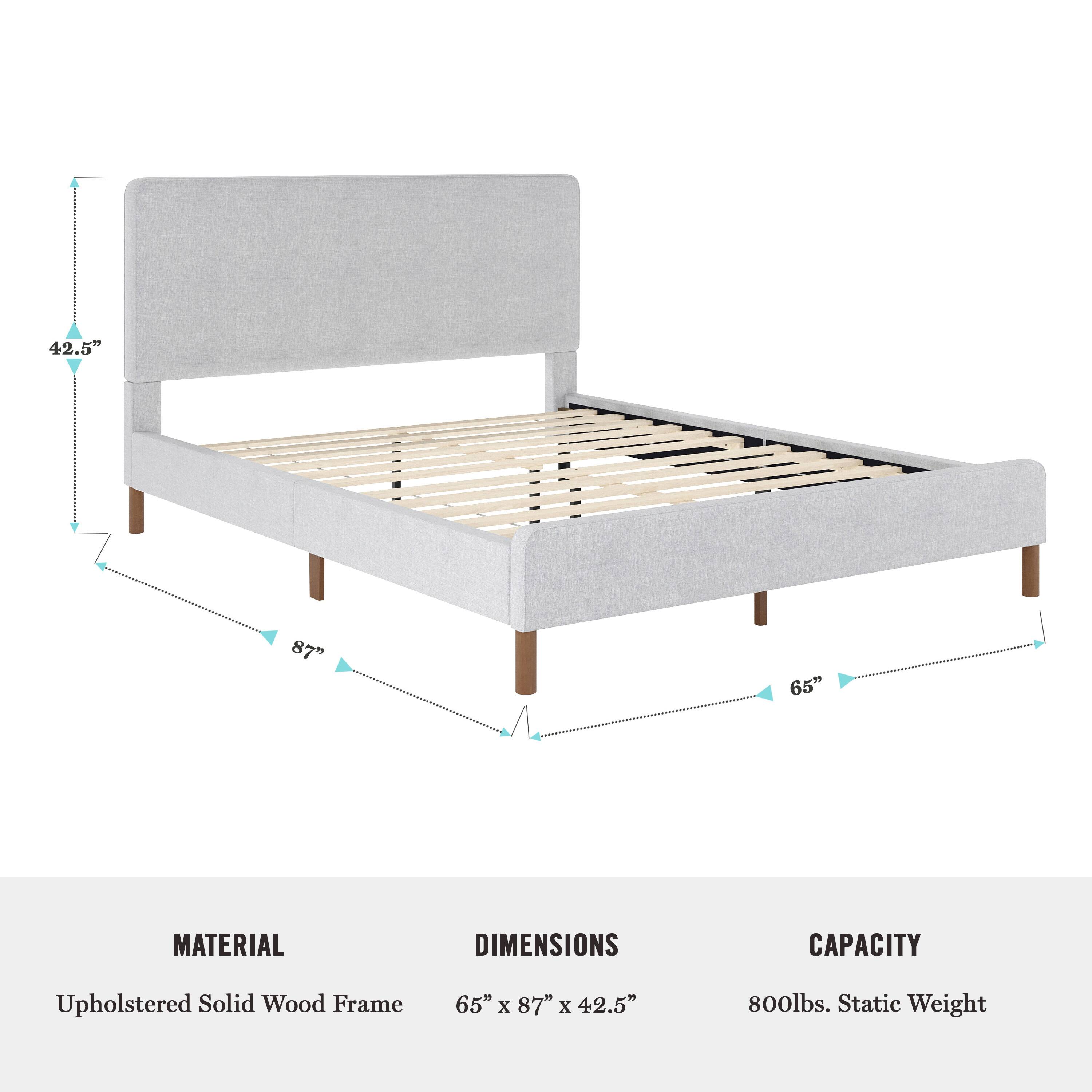 The text on the image reads:

Material: Upholstered Solid Wood Frame
Dimensions: 65" x 87" x 42.5"
Capacity: 800lbs. Static Weight