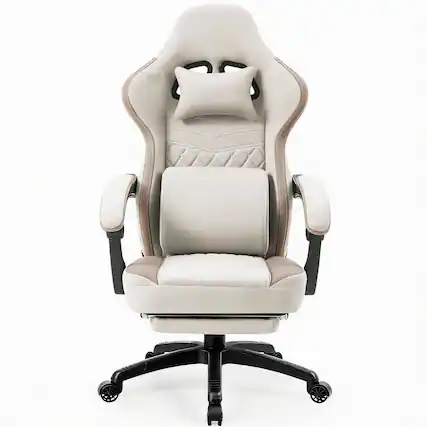 Front. Frangdom - Gaming Chair Breathable Fabric Gel Pad Pocket Spring Footrest - Beige 19.3"D x 19.6"W x 47.6"H.