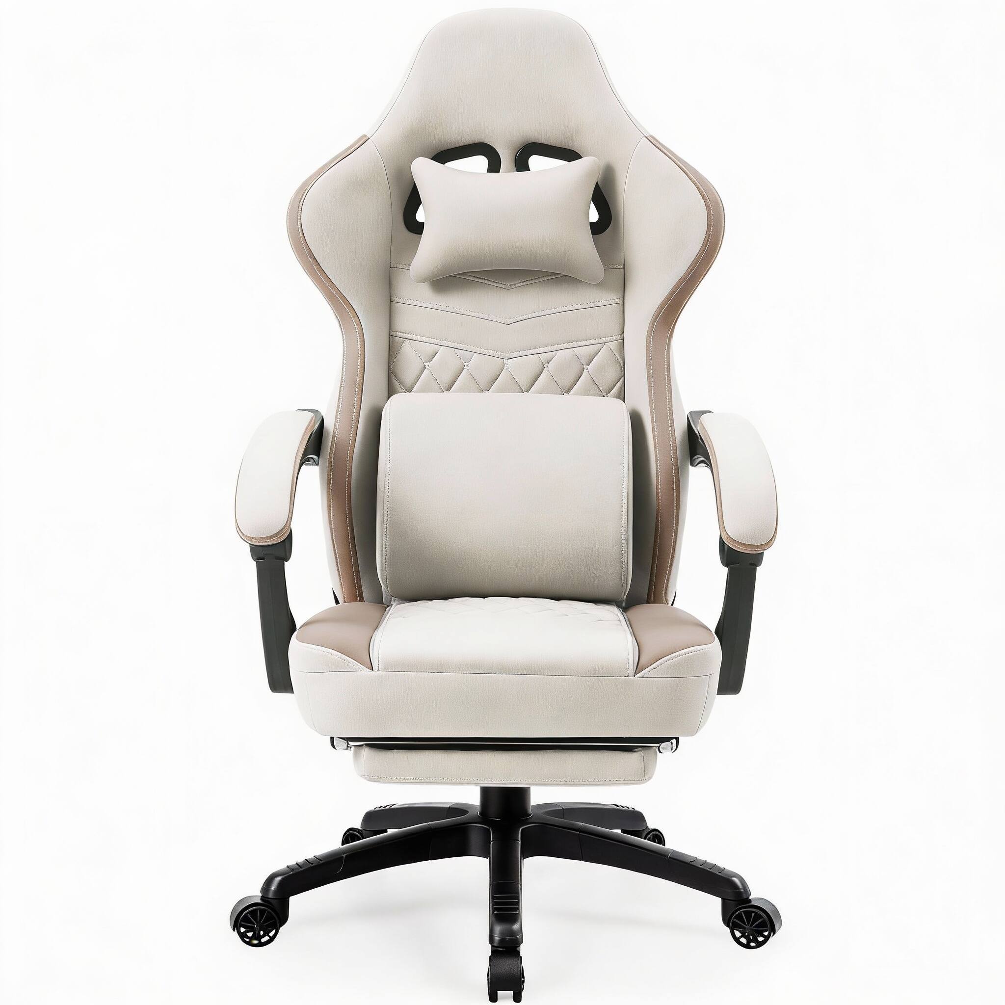 Front. Frangdom - Gaming Chair Breathable Fabric Gel Pad Pocket Spring Footrest - Beige 19.3"D x 19.6"W x 47.6"H.