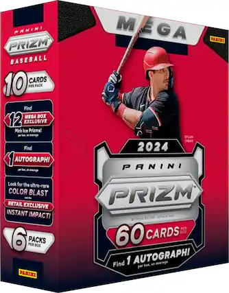 PRINI PRIZM BASEBALL CARDS 10 PER PACK Find MEGA BOX 12 EXCLUSIVE Pink Ice Prizms! per box -n everage Find AUTOGRAPH! on average per box, -n everage Look for the ultra-rare COLOR BLAST the RETAIL EXCLUSIVE INSTANT IMPACT! 6 PACKS PER BOX PAXINI MEGA BOX CYLAN CREWS 2024 PANINI PRIZM Mega Box 60 Find 1 AUTOGRAPH! on average per box.