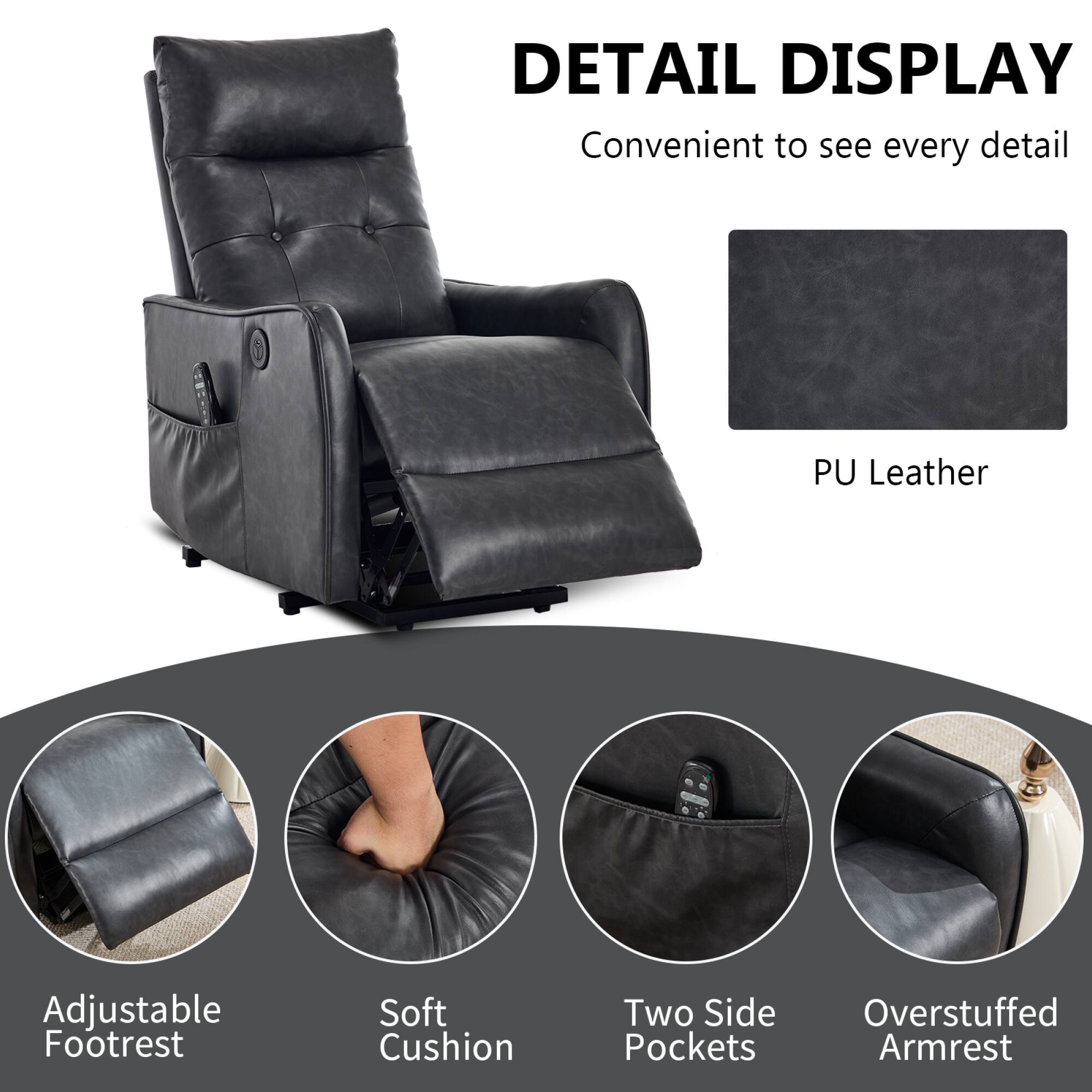 DETAIL DISPLAY  
Convenient to see every detail  

PU Leather  

Adjustable Footrest  
Soft Cushion  
Two Side Pockets  
Overstuffed Armrest