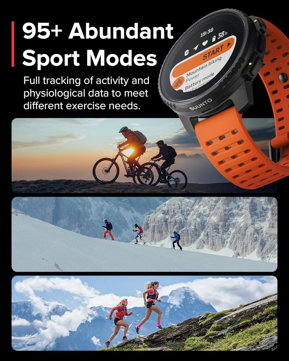 95+ Abundant Sport Modes

Full tracking of activity and physiological data to meet different exercise needs.

Mountain biking
Power mode
Battery performance