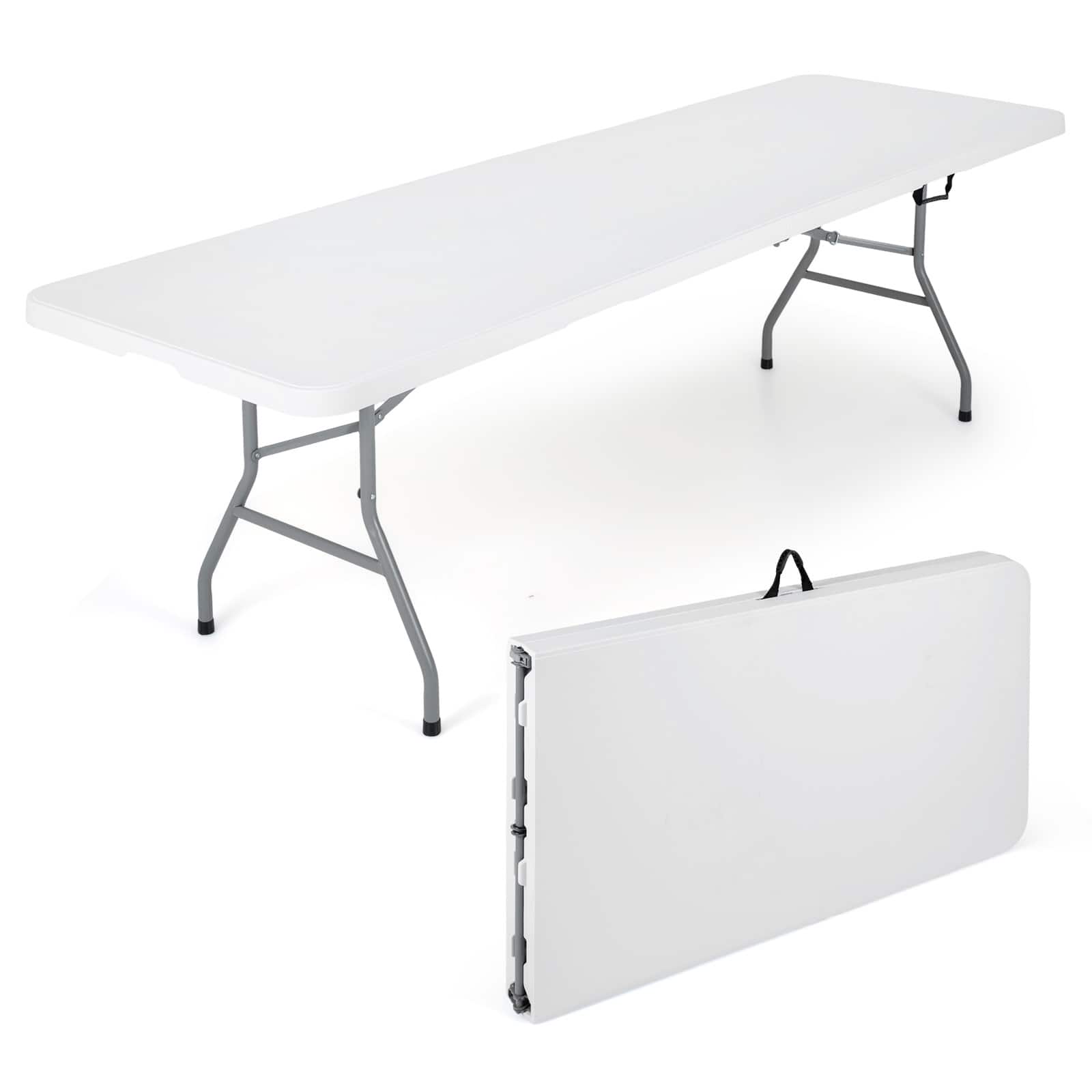 Costway - 8 ft Portable Folding Table with HDPE Tabletop Safe Lock Mechanism Carrying Handle - White