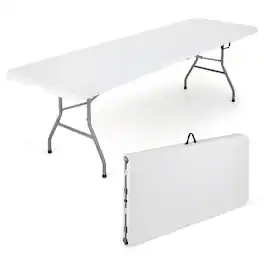 Costway - 8 ft Portable Folding Table with HDPE Tabletop Safe Lock Mechanism Carrying Handle - White