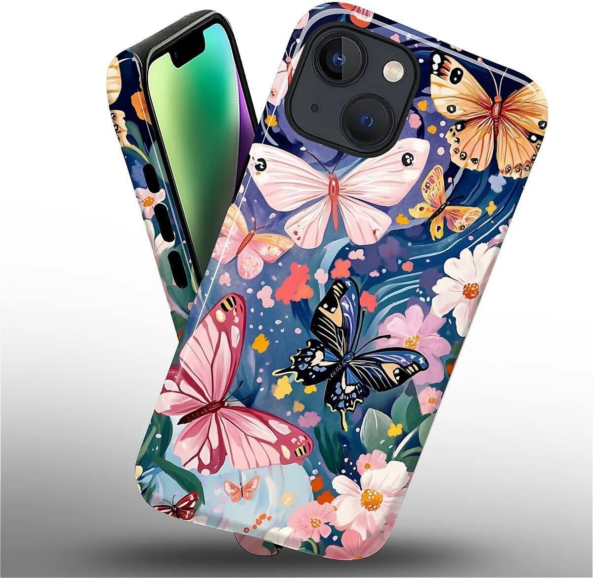 Alt View 2. Wikistore - Case for iPhone 14/13 - Hybrid 2-Layer Durable Smartphone Protection Case - Butterflies Flowers Garden.