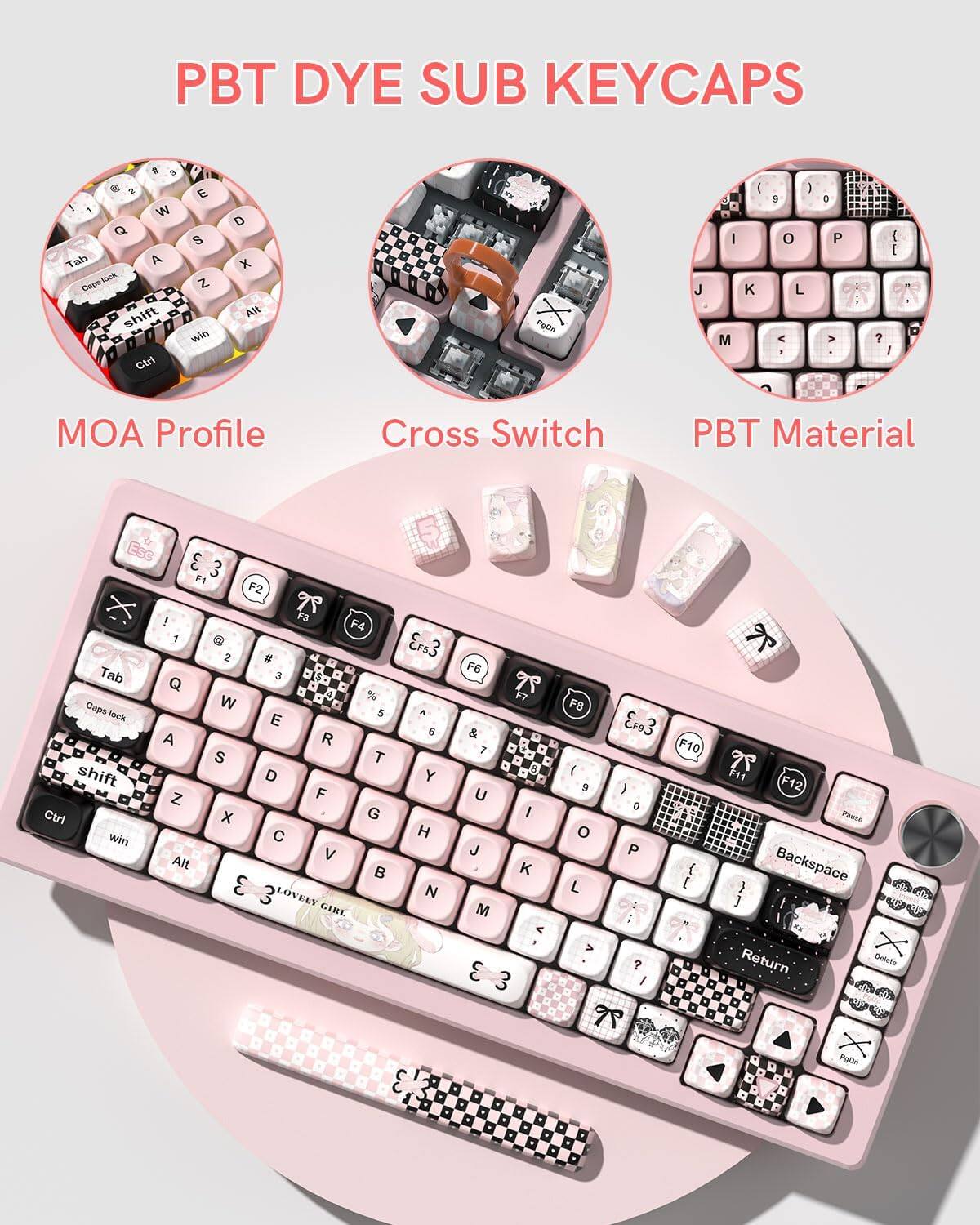 PBT DYE SUB KEYCAPS

MOA Profile
Cross Switch
PBT Material

3 & E W Q S Tab A Inoik Z Coon W a shift D win Ctri D x Al PaDa J I M I 3 9 o L < - e P V ? 1 I D MOA Profile Cross Switch PBT Material Esc 3 3 F1 F2 ! F3 F4 1 e 2 g - Tab Q 3 S1 - a D % Caps W C lock 5 E A R S T shift D Z F Ctrl x G win C V Alt E 3 LOVELY GIRL CFS3 . 6 Y H F6 T 17 & 7 - O C U I J K M < 3 3 FB Ero3 F10 ( 9 } 0 o P { L [ ; ? I T 26 F12 Paubb Backspace ] ) Return Geieto On D