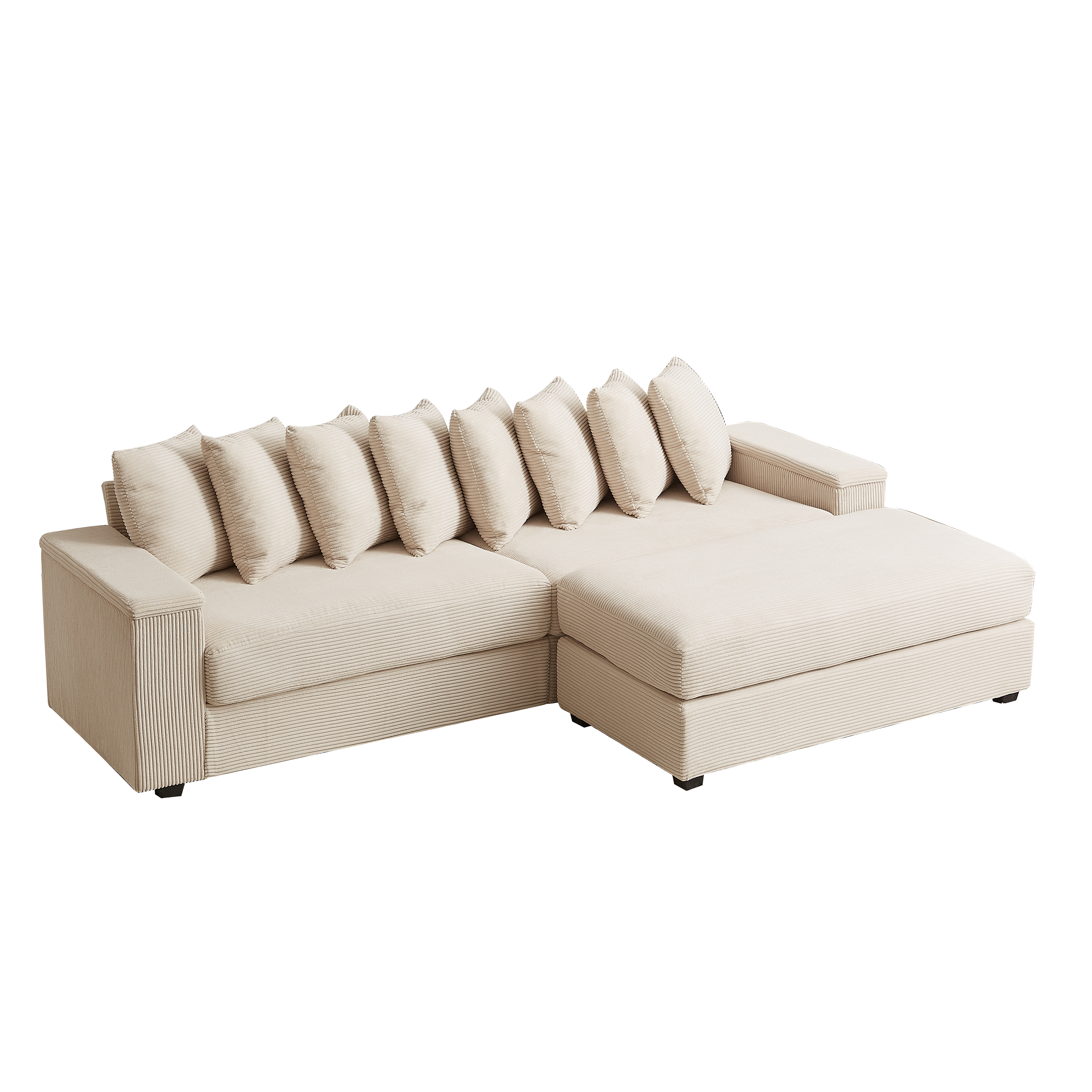 Left. Tiramisubest - Oversized Corduroy Sofa Bed with Chaise,Comfy L Shaped Sectional Couches with 8 Pillows and Two Armrest storage space - Beige.