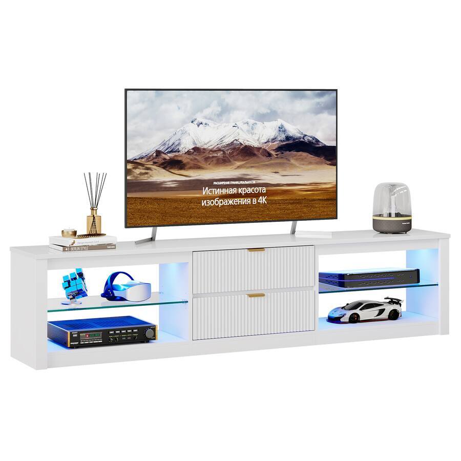 Alt View 2. Bestier - Modern LED TV Stand for TVs up to 75", 2 Drawer Media Console Table with Open Storage Shelves for Living Room - Bright White.