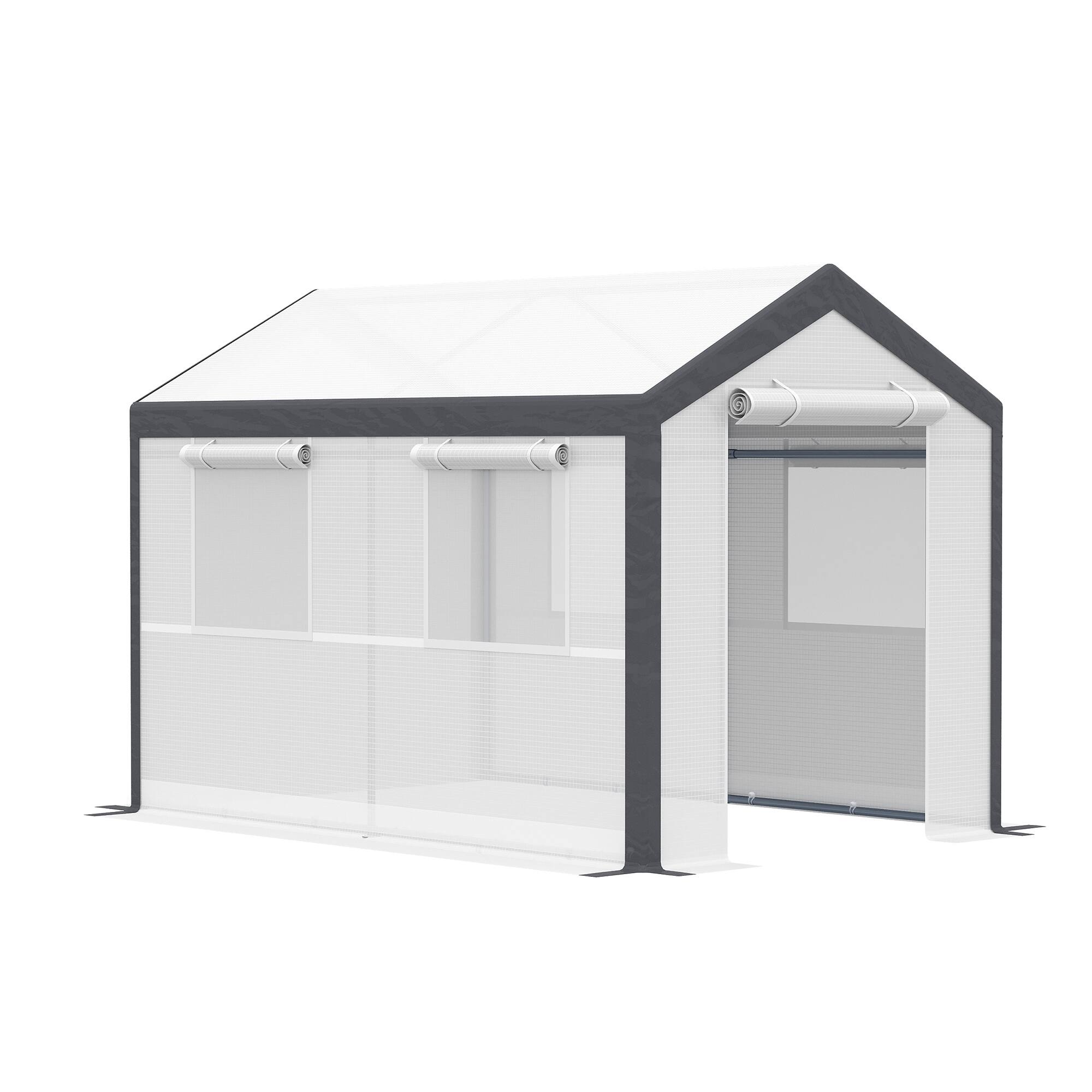 Front. Outsunny - 10' x 7' x 7' Greenhouse, Walk-in Outdoor Tunnel Green House with PE Cover, Steel Frame, 2 Roll-Up Zipper Doors - White.