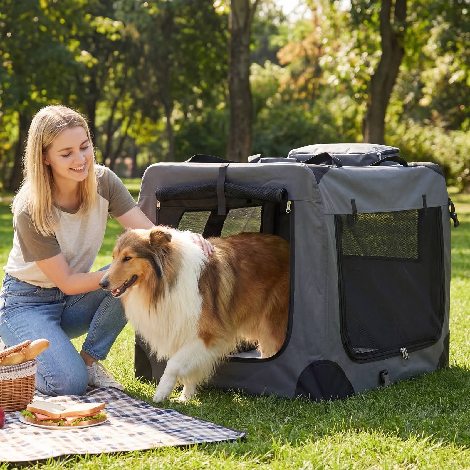 Alt View 4. Gymax - Gymax 36'' Collapsible Soft Dog CratePortable Dog Travel Crate w/Mesh Windows 3 Doors - Gray.