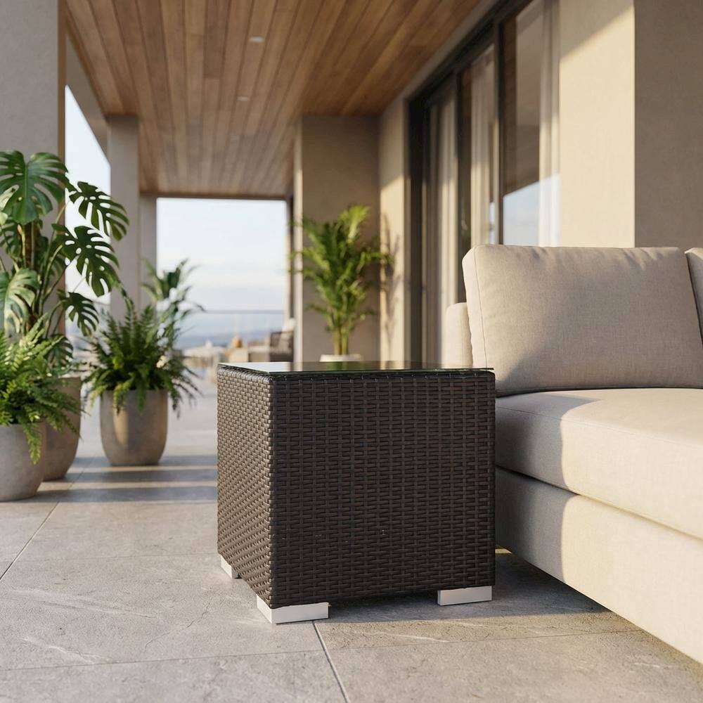Angle. Outdoor Escape - Round Outdoor Side Table With Modern Design For Patio Use - Brown.