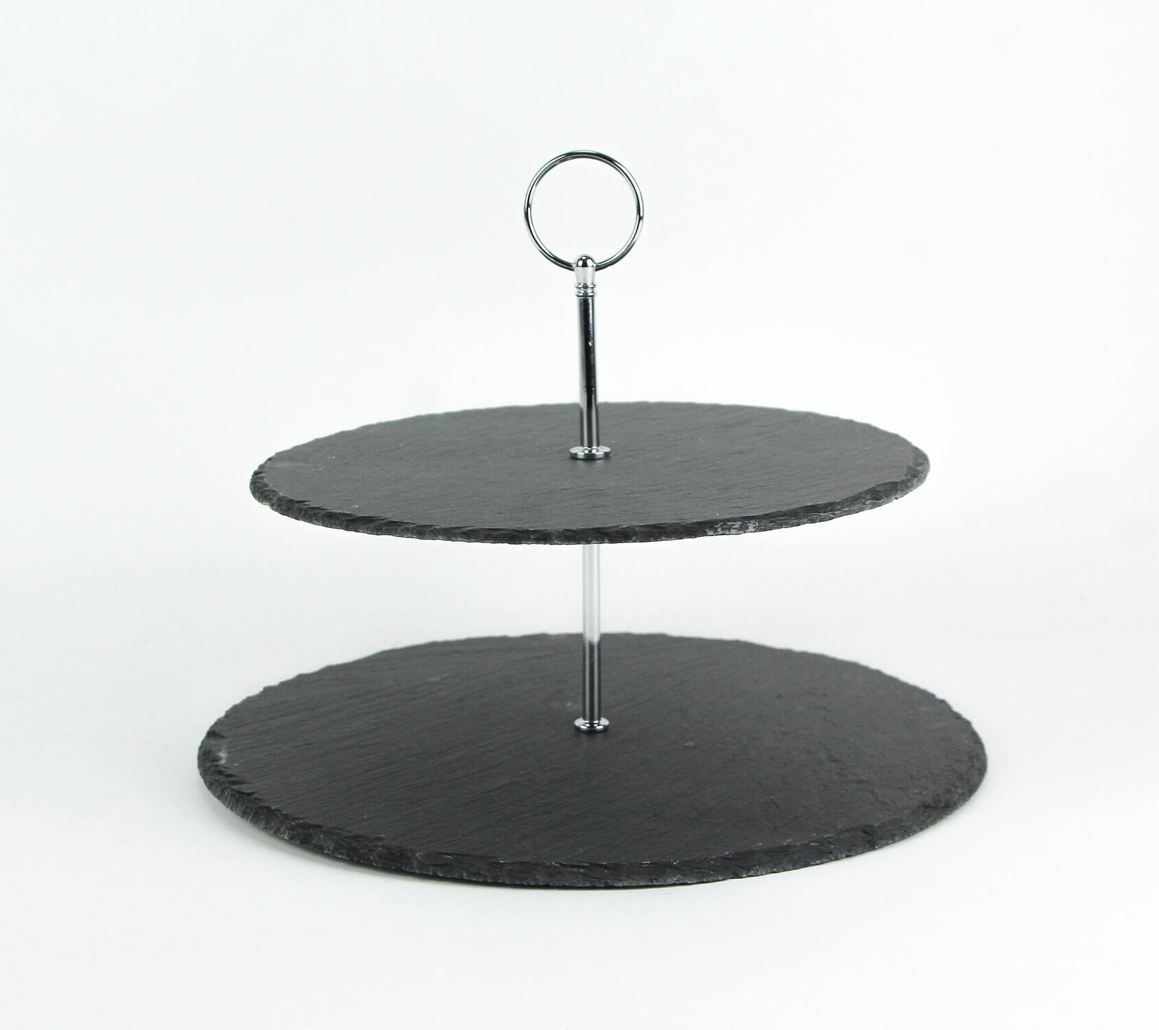 Alt View 2. Audrey's - Two Tier Round Slate Stone and Chromed Metal Country Farmhouse Serving Tray - Grey.