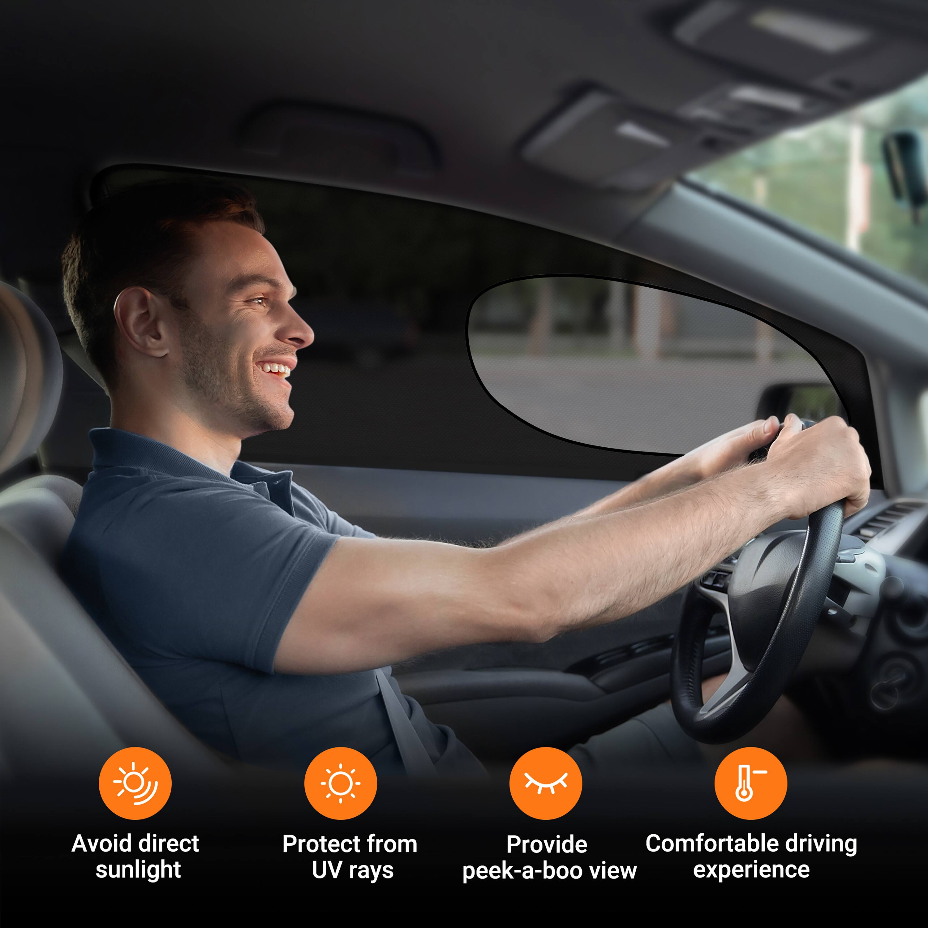 - Avoid direct sunlight
- Protect from UV rays
- Provide peek-a-boo view
- Comfortable driving experience