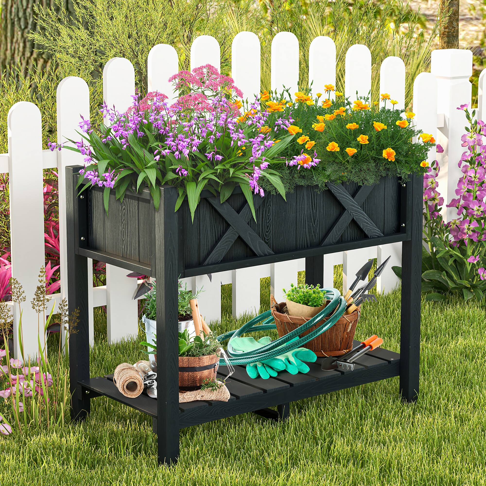 Alt View 1. Gymax - Gymax HIPS Raised Garden Bed Poly Wood Elevated Planter Box w/ Legs & Storage Shelf Black - Black.
