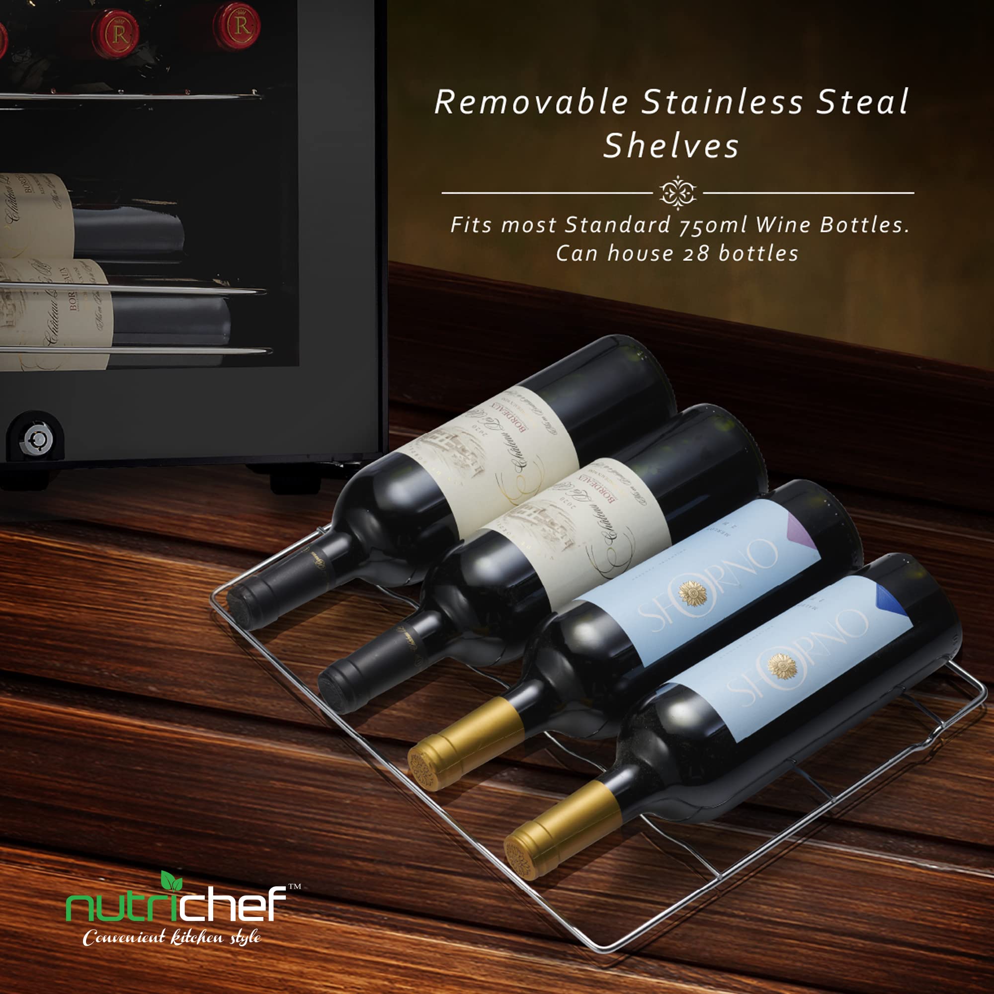 - Removable Stainless Steel Shelves
- Fits most Standard 750ml Wine Bottles
- Can house 28 bottles
- nutrichef
- Convenient kitchen style