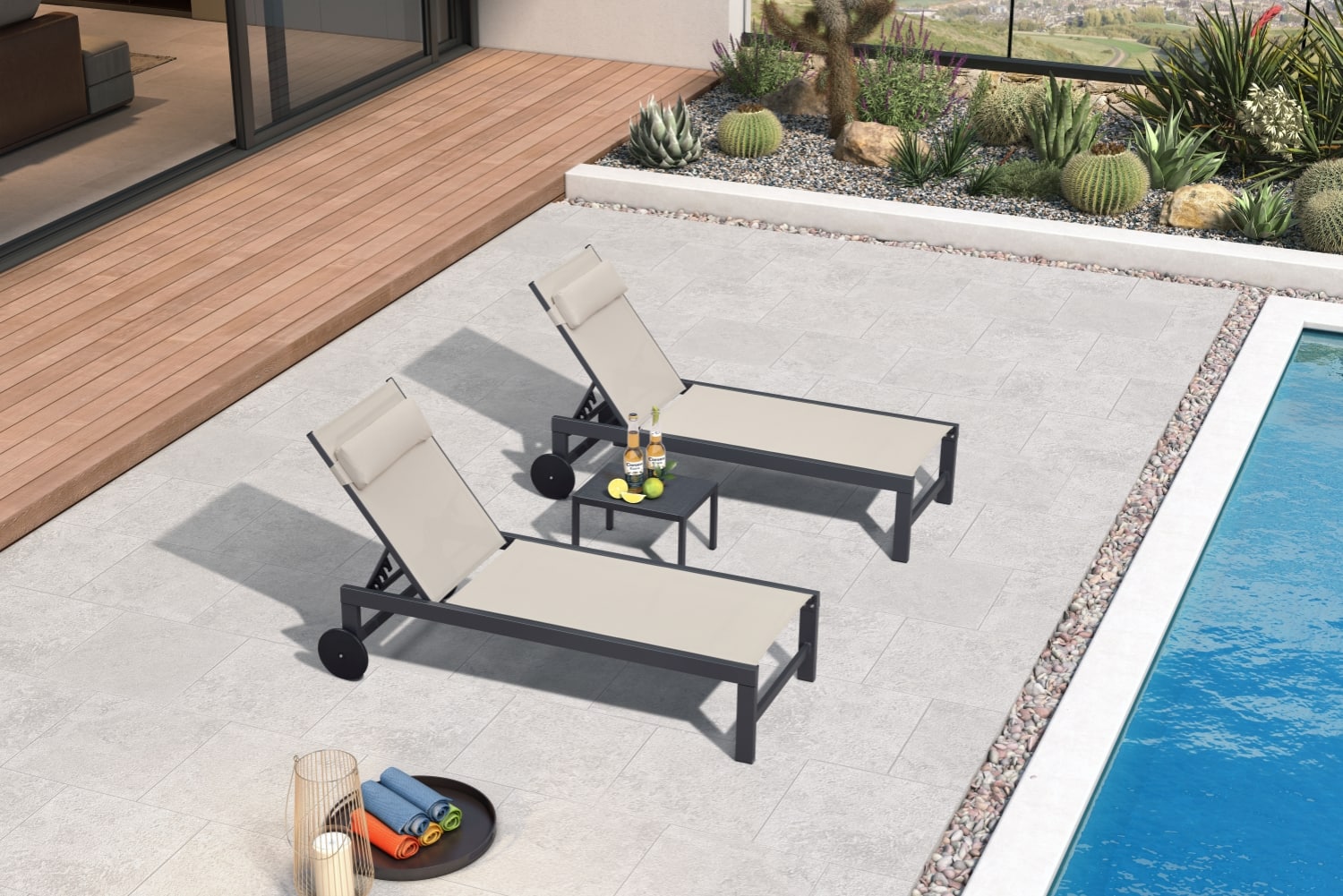 Front. PURPLE LEAF - 3-Pieces Aluminum Frame with Side Table and Wheels for Outside Sunbathing Tanning Recliner Including Pillows, Beige - Beige.