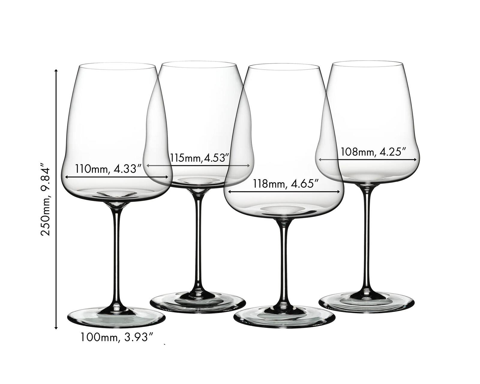 9.84" 250mm,  
110mm, 4.33"  
115mm, 4.53"  
118mm, 4.65"  
108mm, 4.25"  
100mm, 3.93"