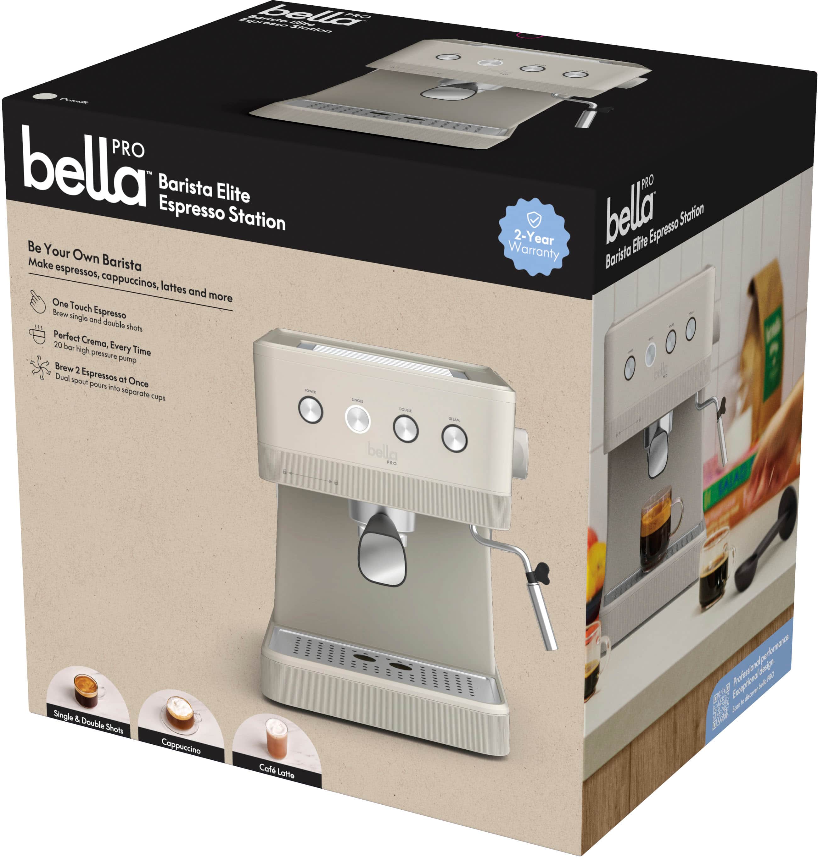 Bella Barista Espresso Elite Station: Be Your Own Barista! Make Espressos, Cappuccinos, Lattes and More! One Touch Brew for Single and Espresso Double Shots. Perfect Crema. 20 Bar Pressure Pump Brew. 2-Year Bella Pro Warranty.