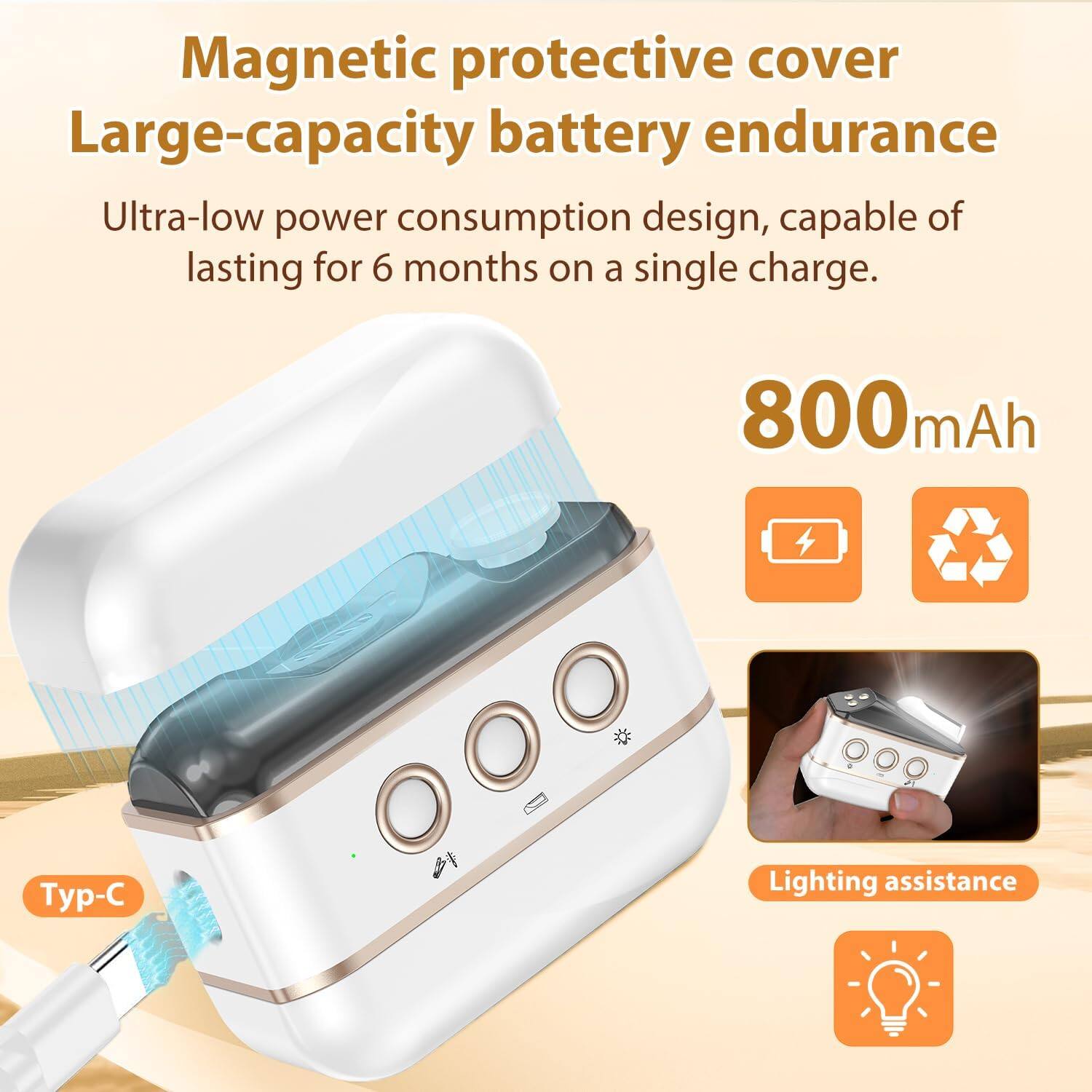 Magnetic protective cover  
Large-capacity battery endurance  
Ultra-low power consumption design, capable of lasting for 6 months on a single charge.  
800 mAh  
Lighting assistance