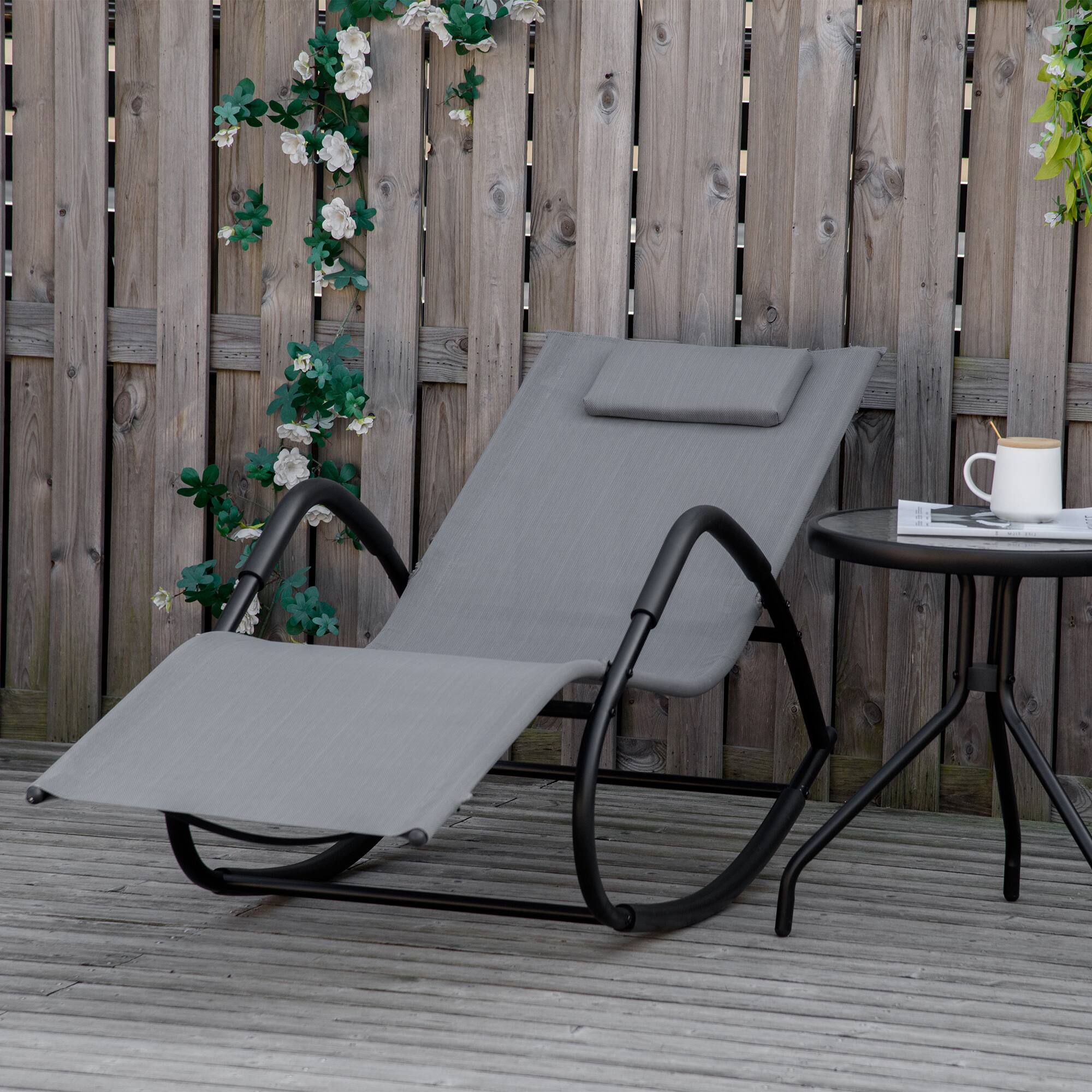 Angle. Outsunny - Rocking Chair, Zero Gravity Patio Chaise Sun Lounger, Outdoor Rocker, UV Water Resistant, Pillow for Sunbathing, Lawn - Gray.
