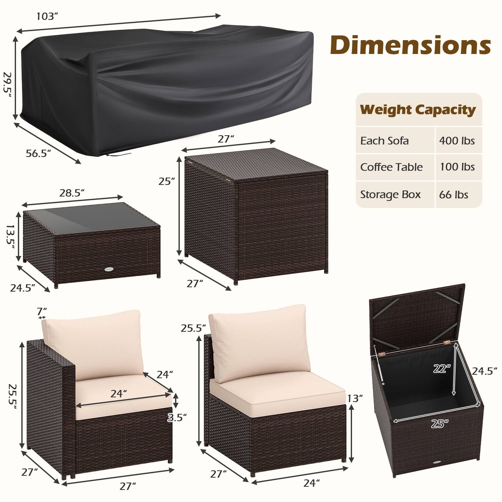 103" 29.5" Dimensions Weight Capacity 56.5" 28.5" 25" 27" Each Sofa Coffee Table Storage Box 400 lbs 100 lbs 66 lbs 13.5" 24.5" 27" 7" 25.5" 25.5" 24" 24" 3.5" 13" 22" 25" 25" 24" 27" 27" 27" 27" 24"