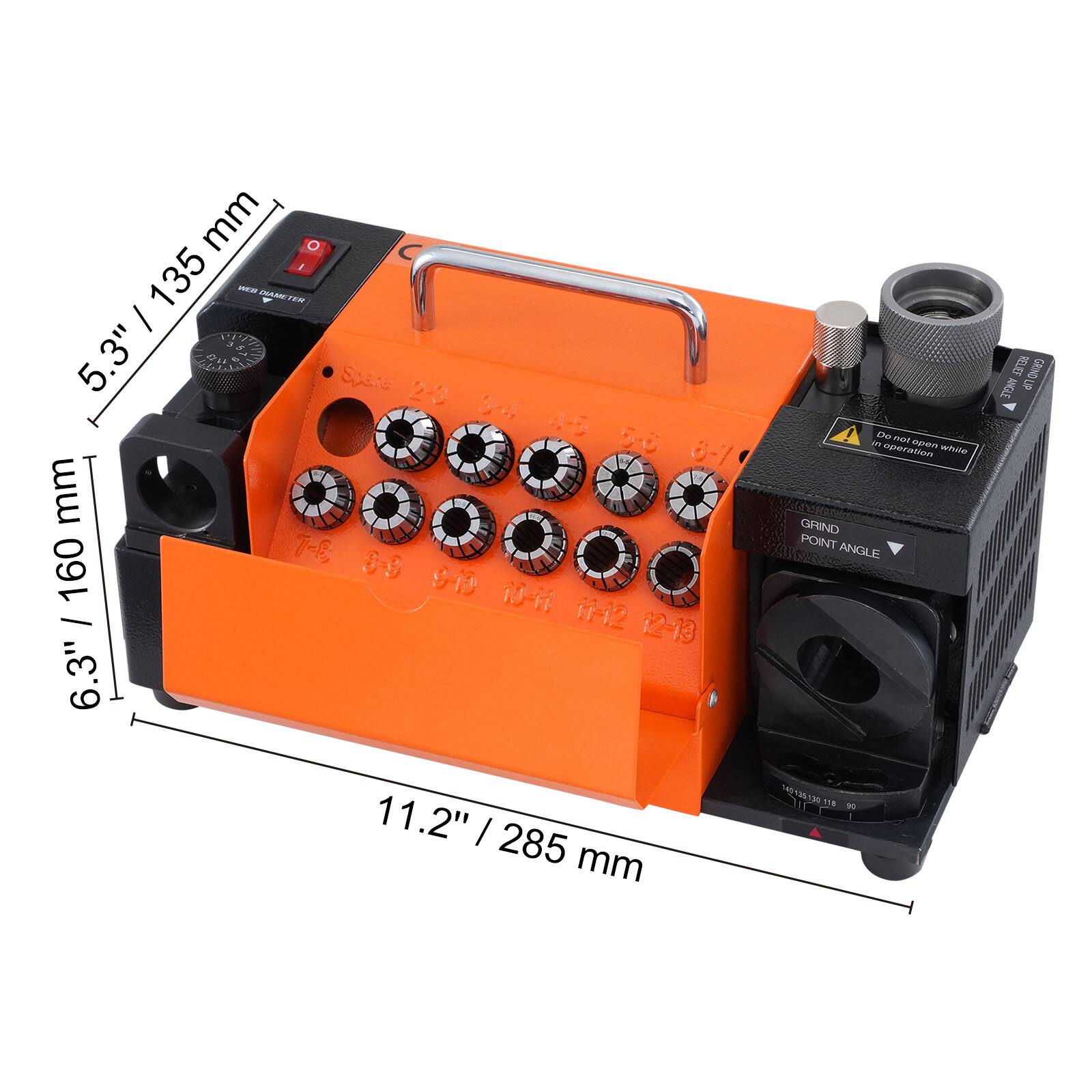 Sure, here is the corrected and grouped text from the image:

- **Dimensions:**
  - 5.3" / 135 mm
  - 6.3" / 160 mm
  - 11.2" / 285 mm

- **Grinding Points:**
  - 2.3
  - 3.5
  - 4.5
  - 5.5
  - 6-7
  - 7-F
  - 160 S
  - 1-13
  - 6.3"
  - Doner DTO mant
  - 2 apen opraton
  - white GRIND POINT ANGLE
  - VELIES GEND ANGLE UP

- **Warning:**
  - Do not open while in operation

- **Grind Point Angle:**
  - 11.2" / 285 mm

- **Additional Text:**
  - 199
  - 11.