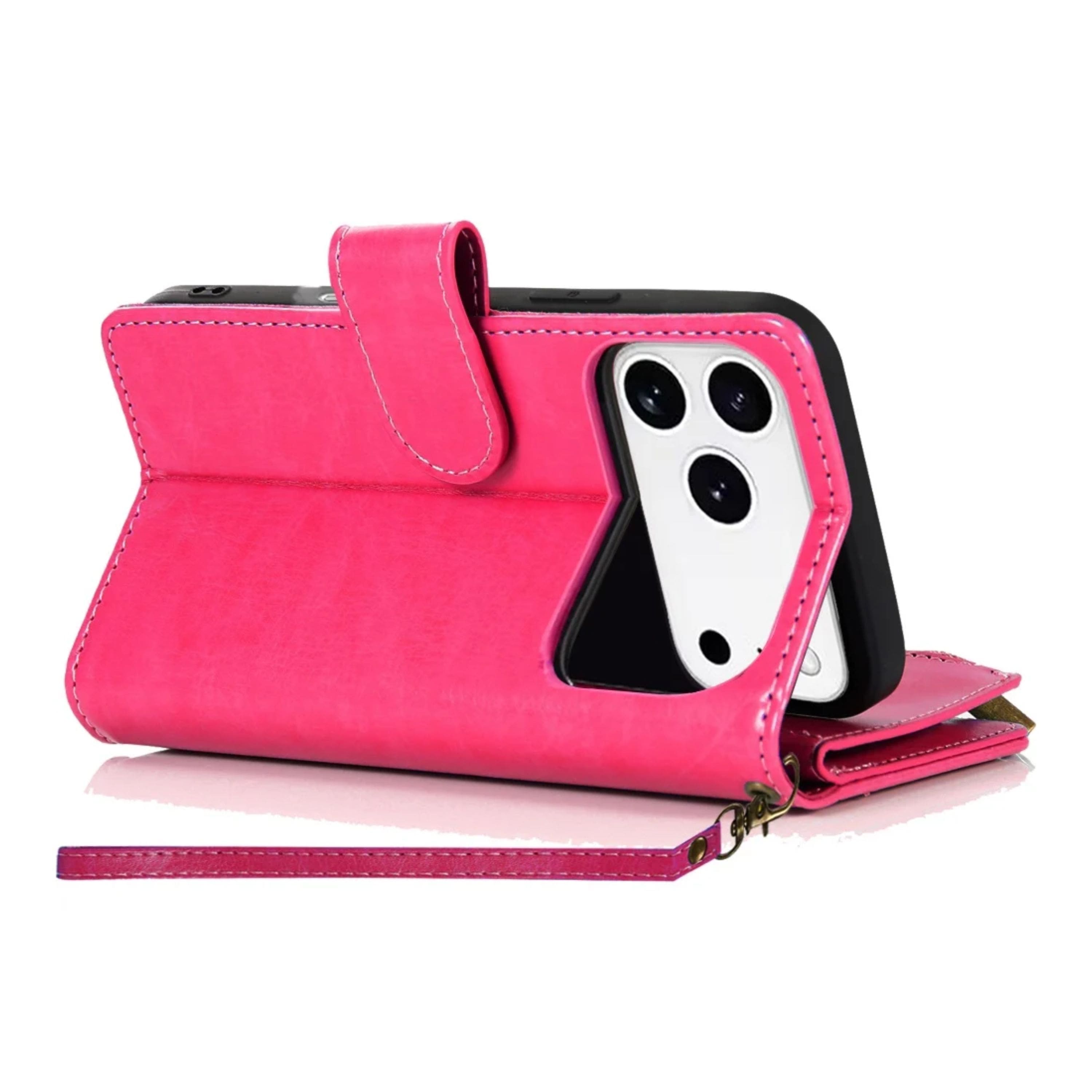Kitcheniva - PU Leather Phone Wallet Zipper With Tempered Glass For iPhone 17 Pro - Hot Pink
