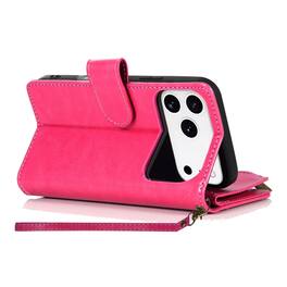 Kitcheniva - PU Leather Phone Wallet Zipper With Tempered Glass For iPhone 17 Pro - Hot Pink