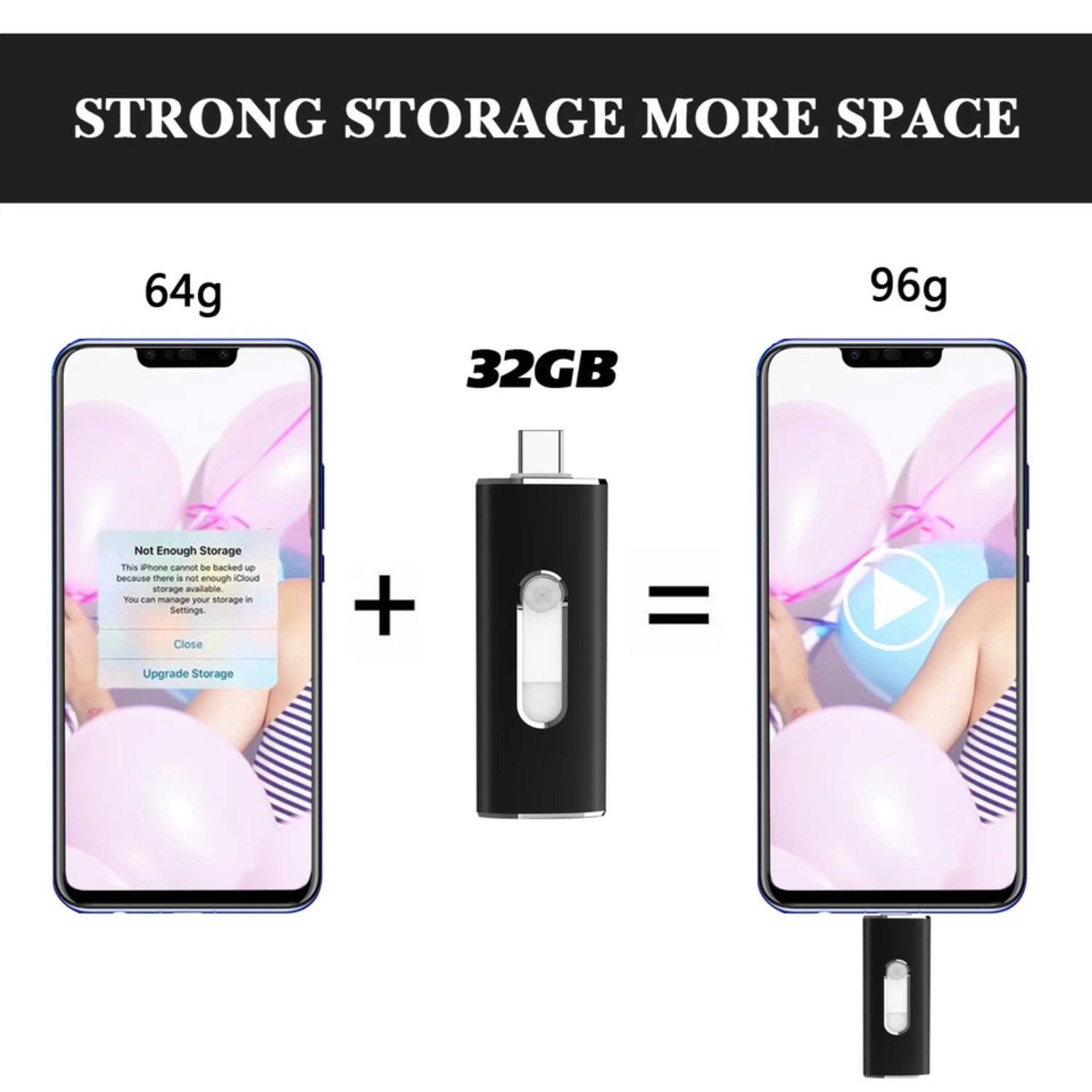 STRONG STORAGE MORE SPACE

64g + 32GB = 96g

Not Enough Storage  
This iPhone cannot be backed up. There is not enough iCloud storage available. You can manage your storage in Settings.  
Close  
Upgrade Storage