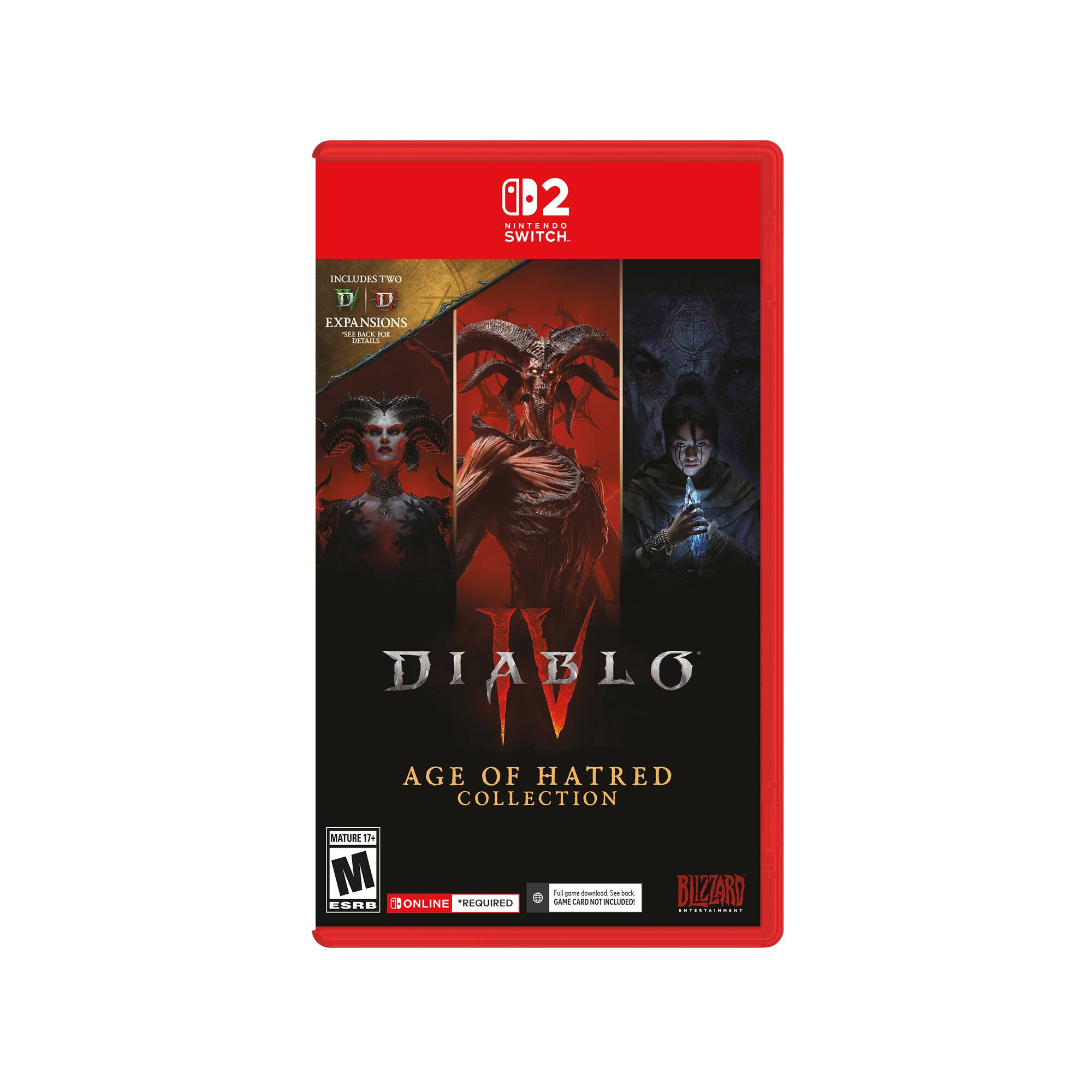 B2 NINTENDO SWITCH  
INCLUDES TWO D D EXPANSIONS  
DIABLO AGE OF HATRED COLLECTION  
MATURE 17+ M ESRB ONLINE *REQUIRED  
Full game download. See back. GAME CARD NOT INCLUDED!  
BLIZZARD ENTERTAINMENT - M (Mature 17+)
