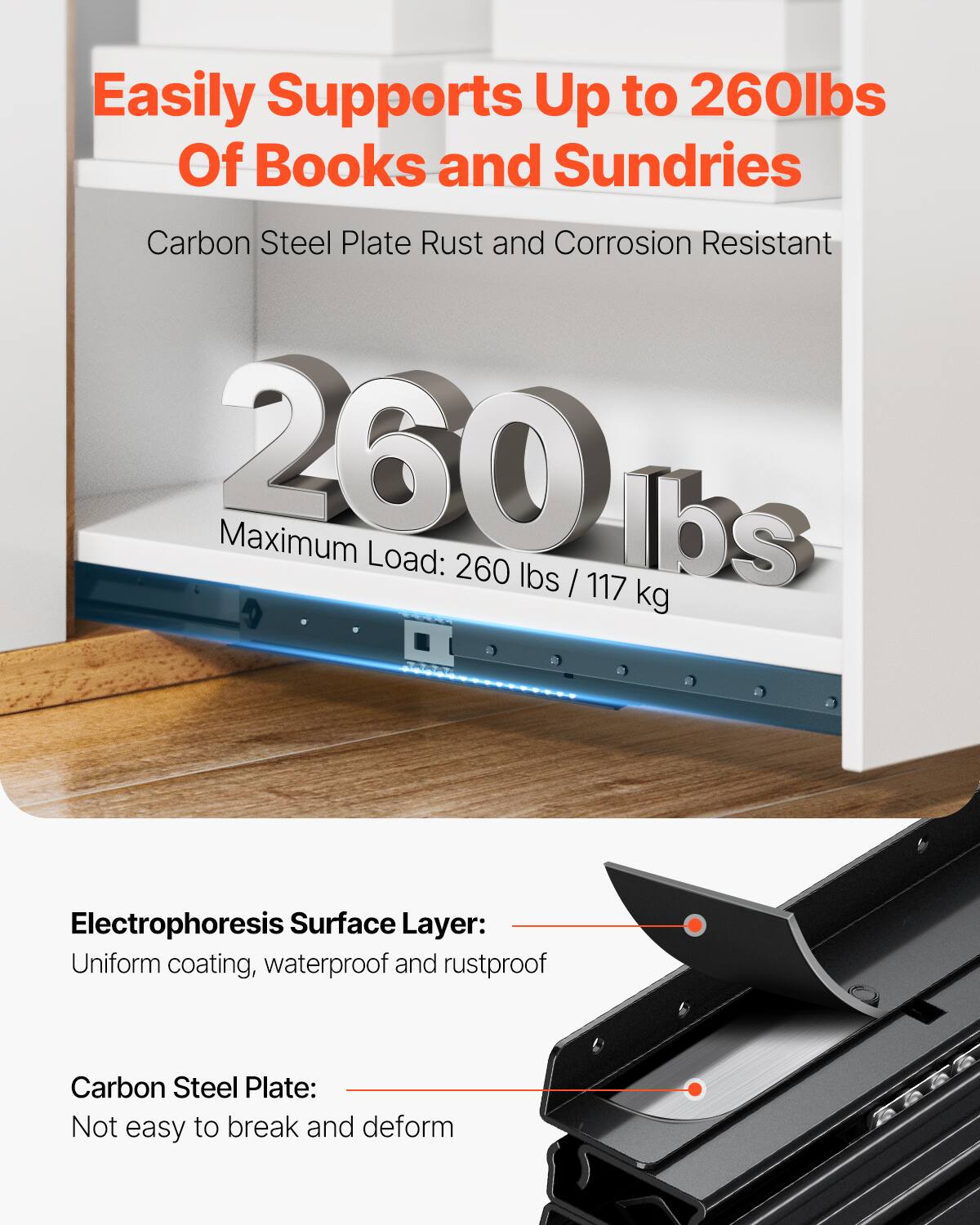 Easily Supports Up to 260lbs Of Books and Sundries  
Carbon Steel Plate Rust and Corrosion Resistant  

260 lbs  
Maximum Load: 260 lbs / 117 kg  

Electrophoresis Surface Layer:  
Uniform coating, waterproof and rustproof  

Carbon Steel Plate:  
Not easy to break and deform