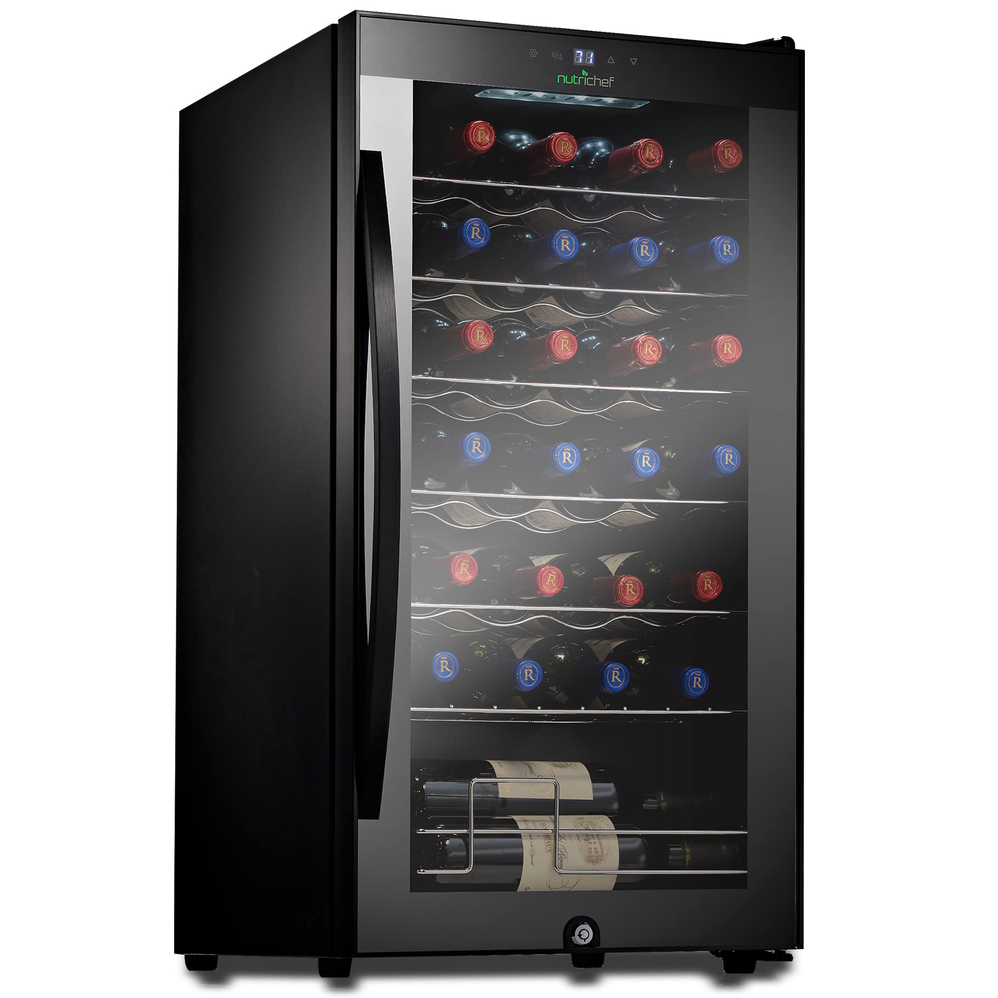 Angle. NutriChef - Wine Chilling Refrigerator Cellar - Single-Zone Wine Cooler/Chiller, Digital Touch Button (28 Bottle Storage Capacity) - Black.