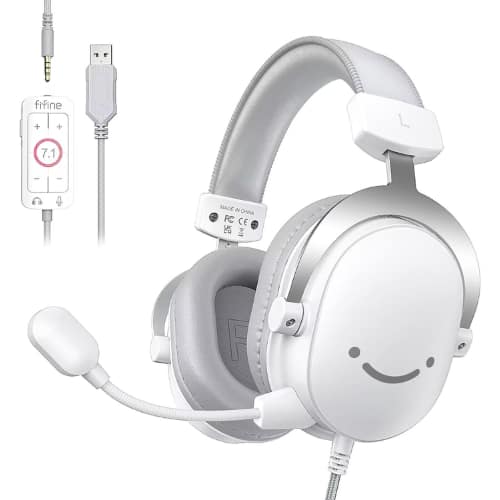 FIFINE - H9 White USB PC Gaming Headset – Over-Ear, 7.1 Surround Sound, Detachable Mic, Volume Control, PS5/Xbox