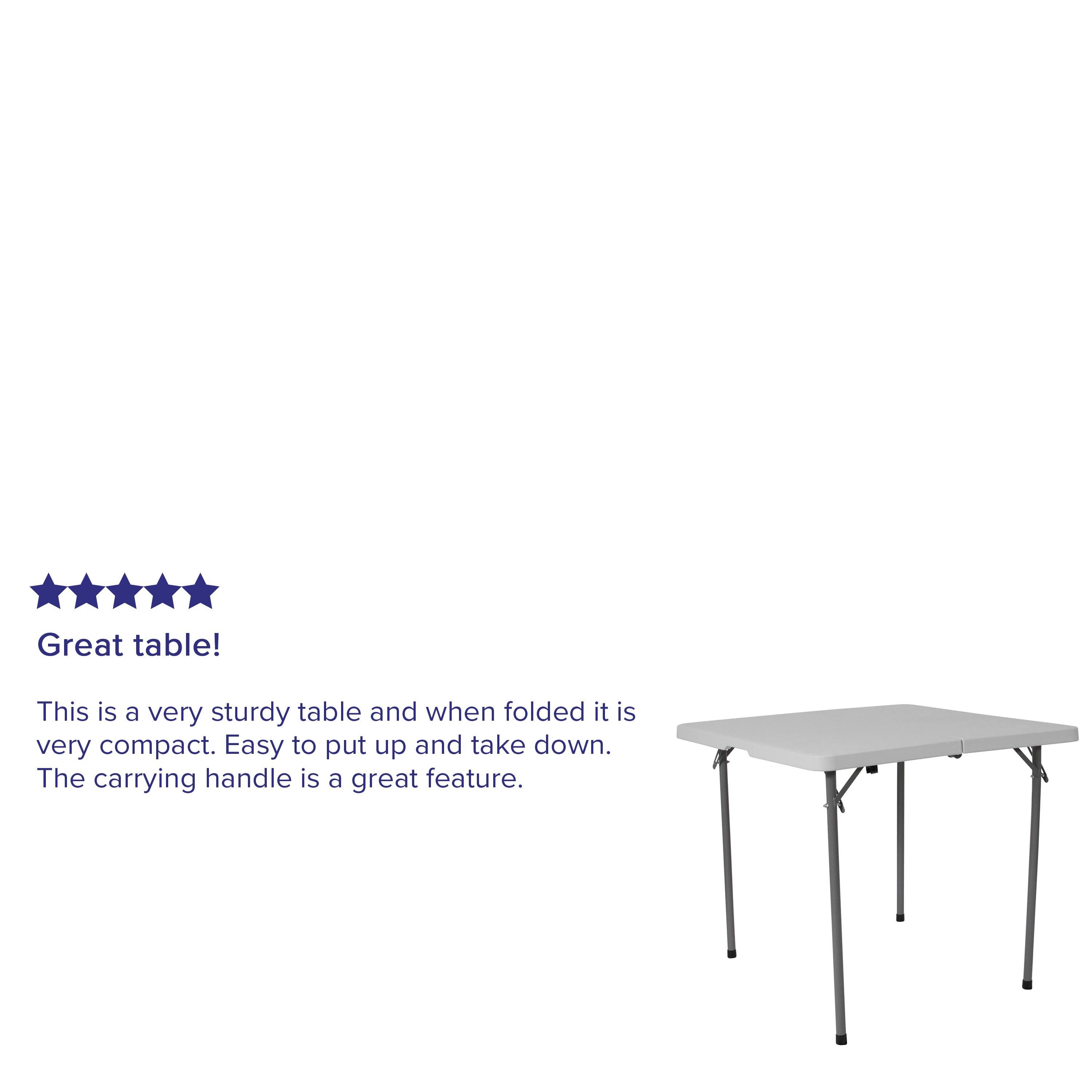 Great table! This is a very sturdy table and when folded it is very compact. Easy to put up and take down. The carrying handle is a great feature.