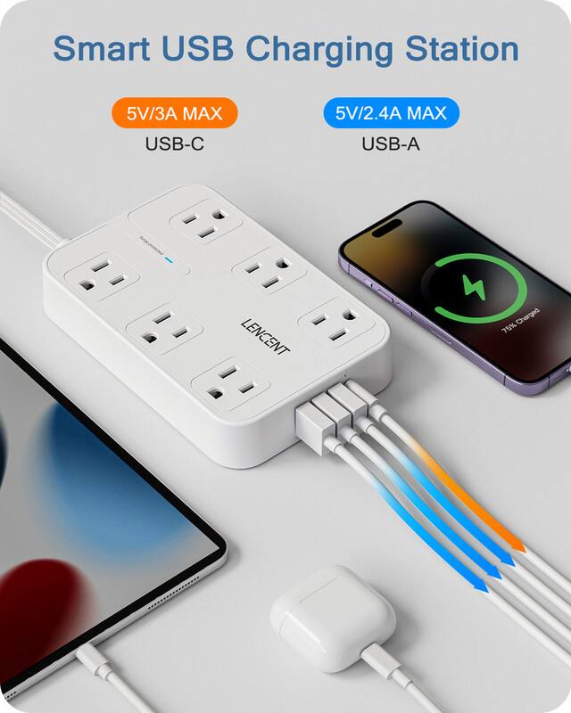 Smart USB Charging Station  
5V/3A MAX  
USB-C  
5V/2.4A MAX  
USB-A  
LENCENT  
4  
75% Charged