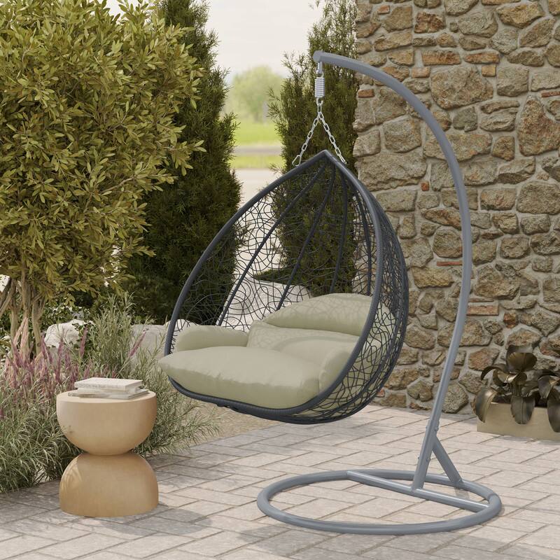 Alt View 1. LeisureMod - Recluse Grey Wicker Hanging Egg Chair - Modern Indoor Outdoor Swing with Stand, 440lb Capacity - Taupe.