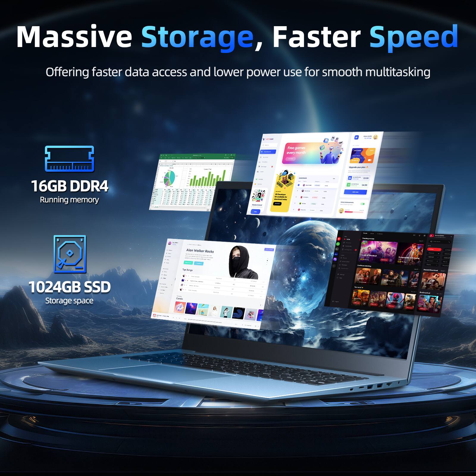 Massive Storage, Faster Speed  
Offering faster data access and lower power use for smooth multitasking  

16GB DDR4  
Running memory  

1024GB SSD  
Storage space