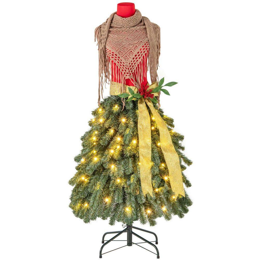 Front. Resenkos - Resenkos 5-Ft Pre-Lit Mannequin Dress Form Artificial Christmas Tree, Green/Red - Green.