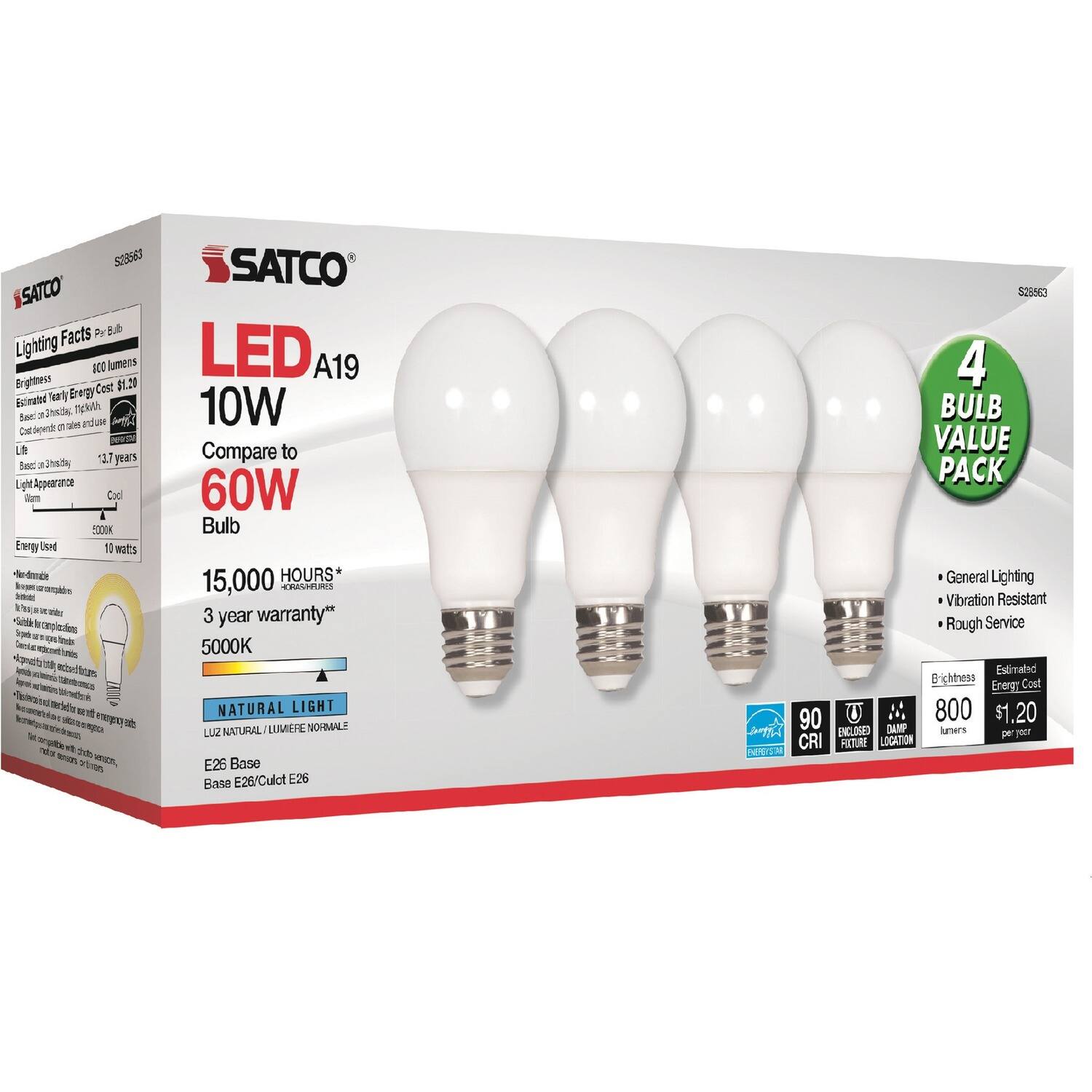 SATCO - 10W A19 LED 5000K Light Bulbs 10 W 120 V AC 800 A19 Frosted Natural Light E26 Base 15000 Hour 5000K 4 / Pack