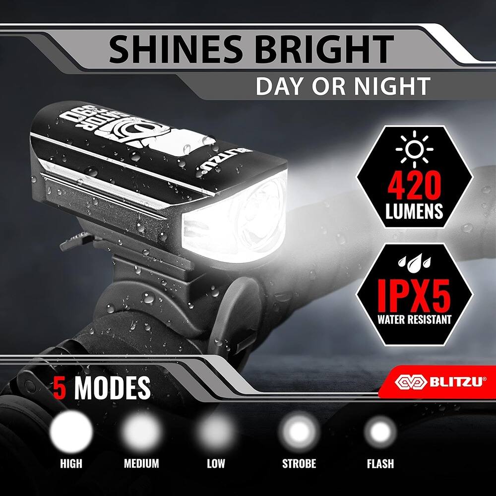SHINES BRIGHT DAY OR NIGHT

420 LUMENS

IPX5 WATER RESISTANT

5 MODES
- HIGH
- MEDIUM
- LOW
- STROBE
- FLASH

BLITZU