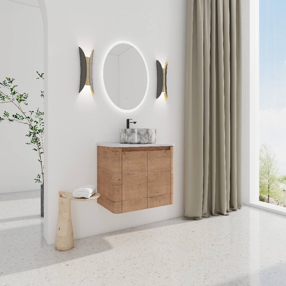 Back. Loheer - Loheer 30 inch wall mounted bathroom vanity with ceramic vessel sink, modern bathroom vanity, Imitative Oak - Imitative Oak.