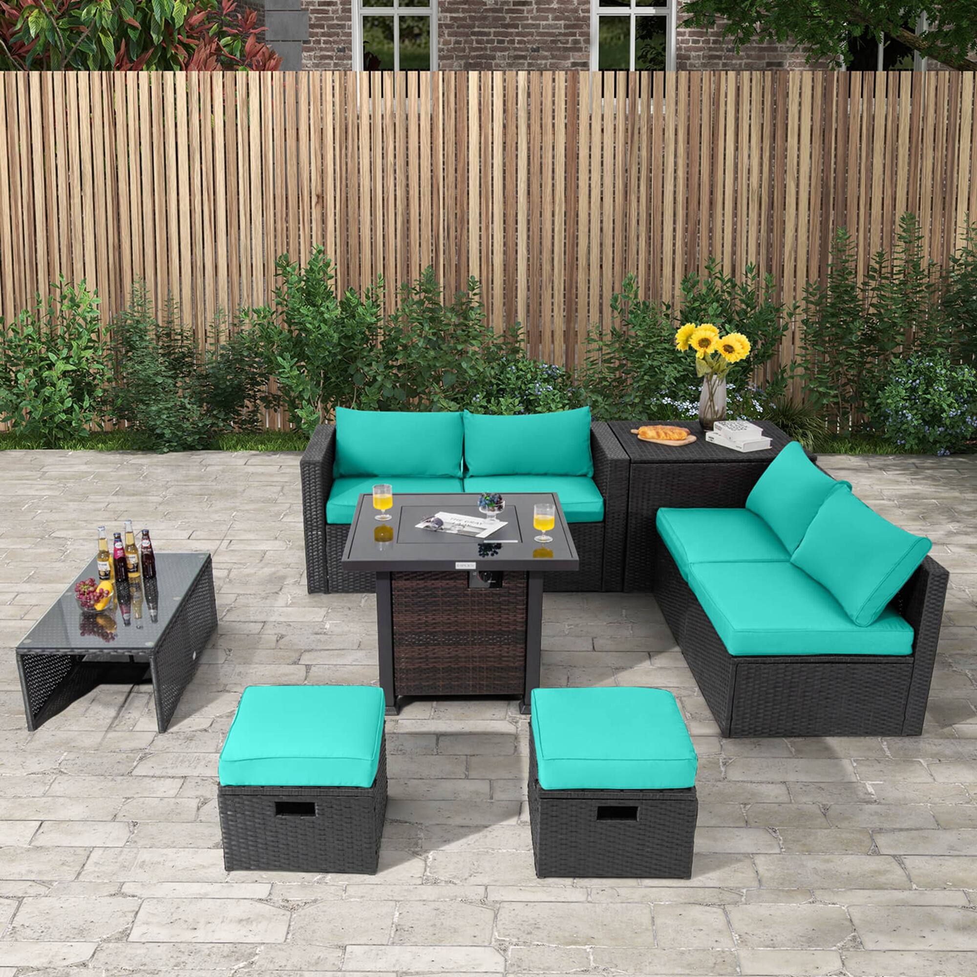 Alt View 4. Costway - 9 PCS Patio Furniture Set with 32" Fire Pit Table 50,000 BTU Square Propane Fire Pit - Turquoise.