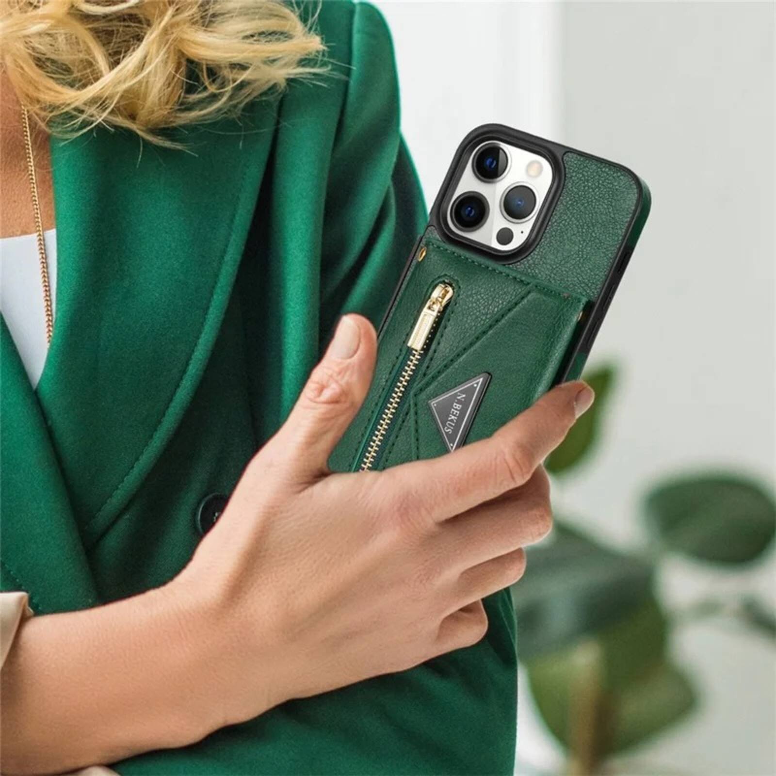 Alt View 9. UUCOVER - Wallet Case for Apple iPhone 16 Pro Max with Card Slots Holder, Zipper Pocket and Shoulder Strap, Flip Kickstand Cover - Green.